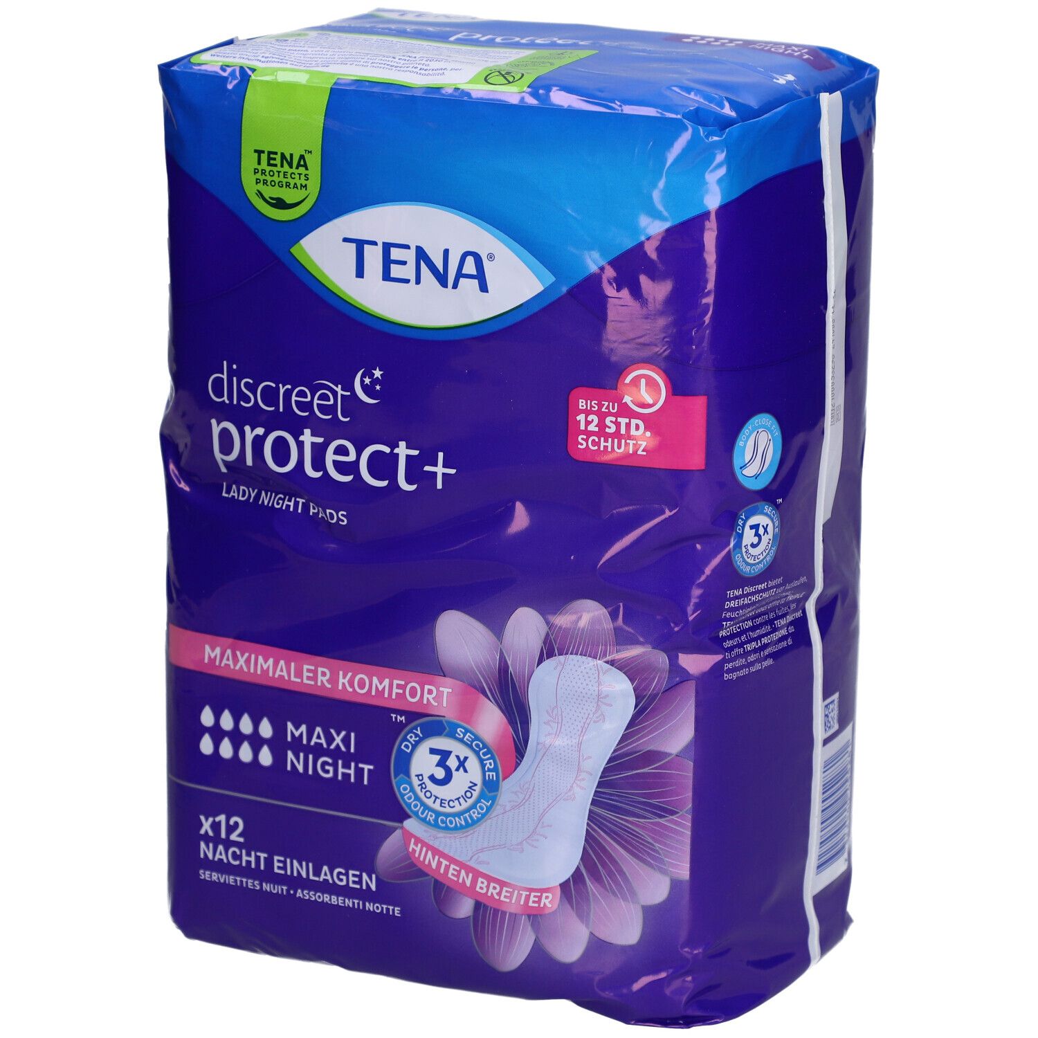 Verpackung von TENA Discreet protect+ Maxi Night. Blaue Verpackung mit Produktabbildung und Text. Enthält 12 Nachteinlagen.