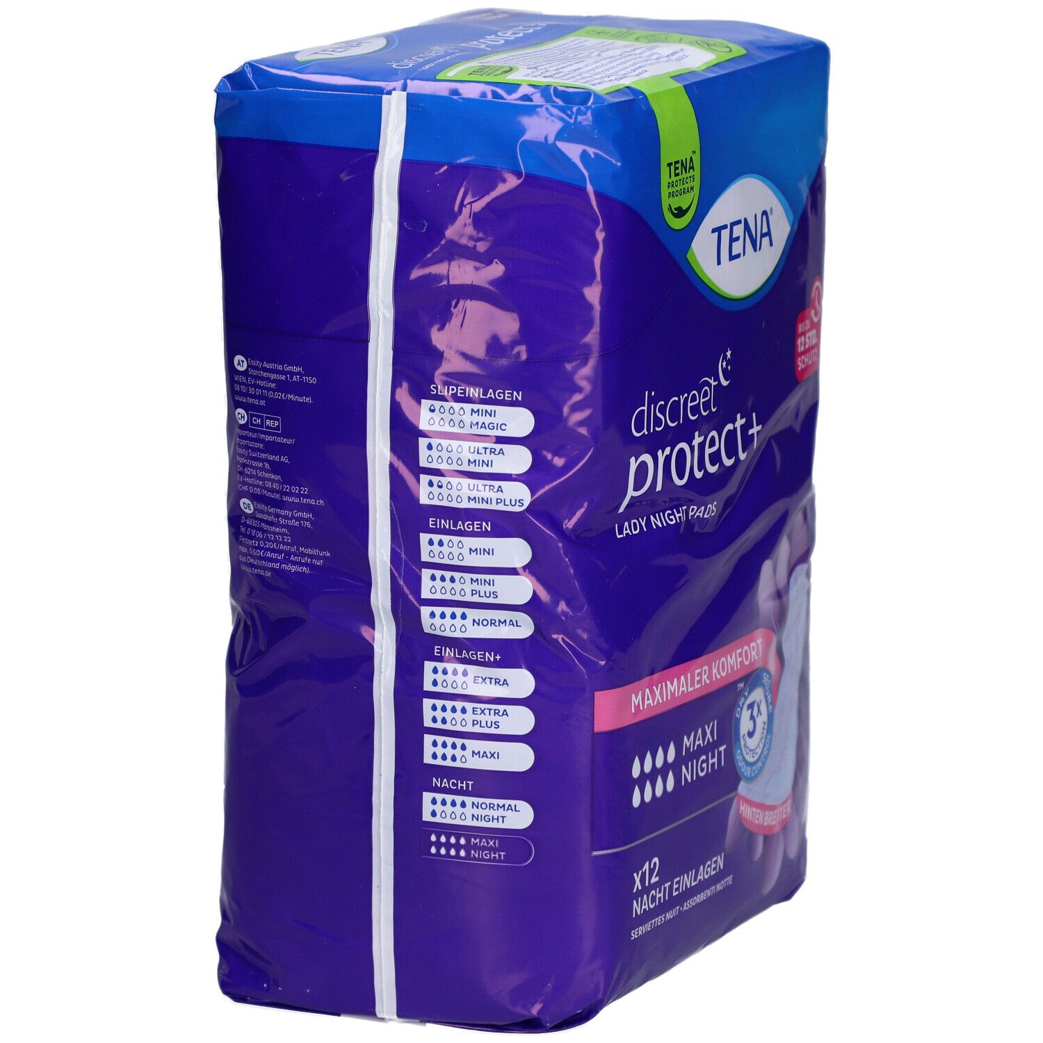 Verpackung von TENA Discreet protect+ Maxi Night. Blaue Verpackung mit Produktabbildung und Text. Enthält 12 Nachteinlagen.