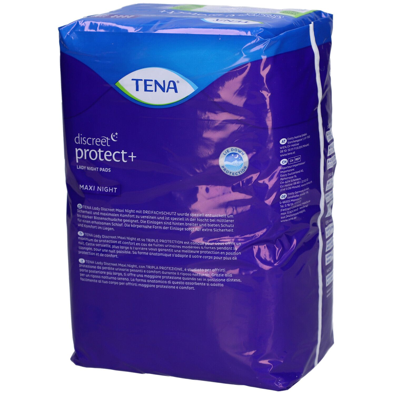 Verpackung von TENA Discreet protect+ Maxi Night. Blaue Verpackung mit Produktabbildung und Text. Enthält 12 Nachteinlagen.