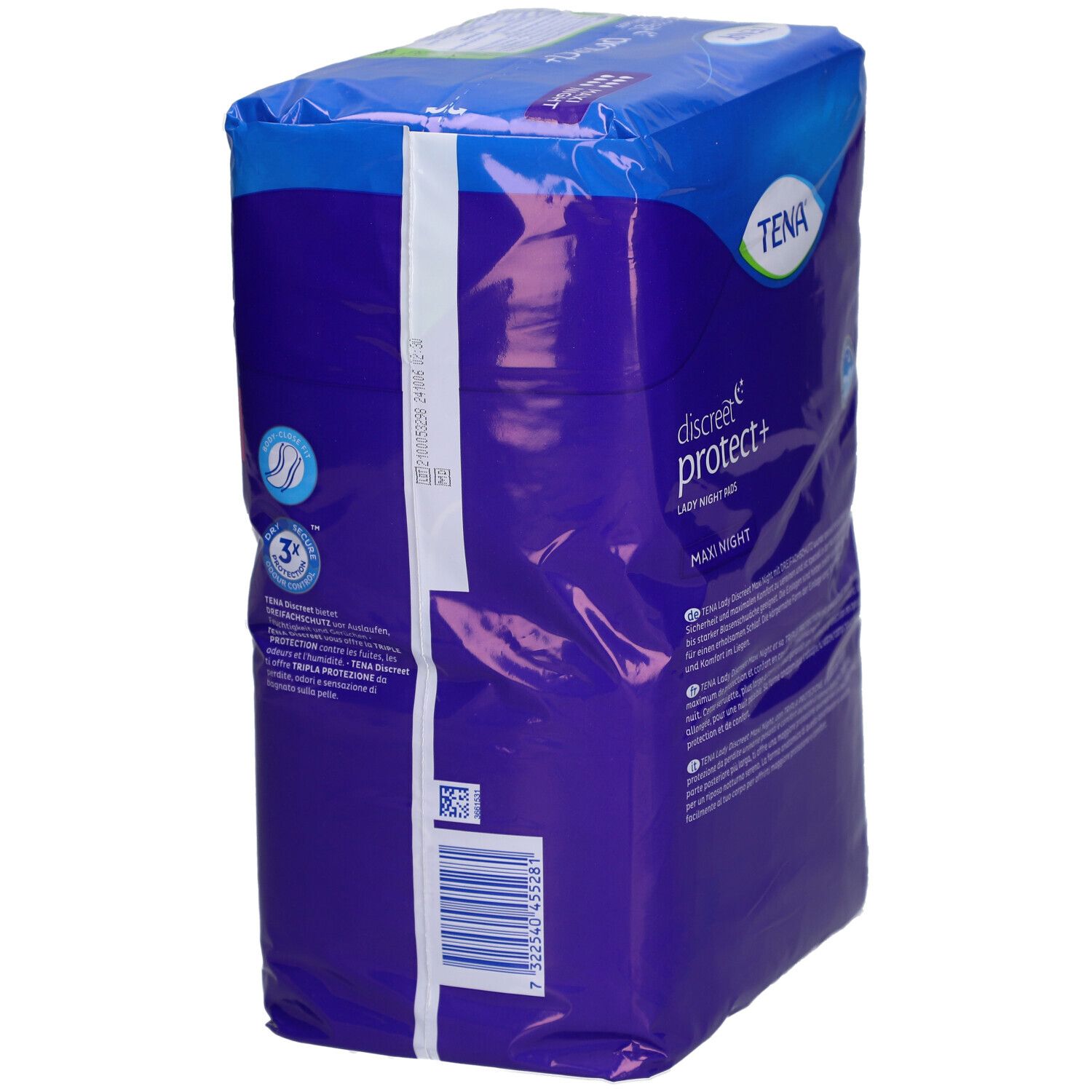Verpackung von TENA Discreet protect+ Maxi Night. Blaue Verpackung mit Produktabbildung und Text. Enthält 12 Nachteinlagen.