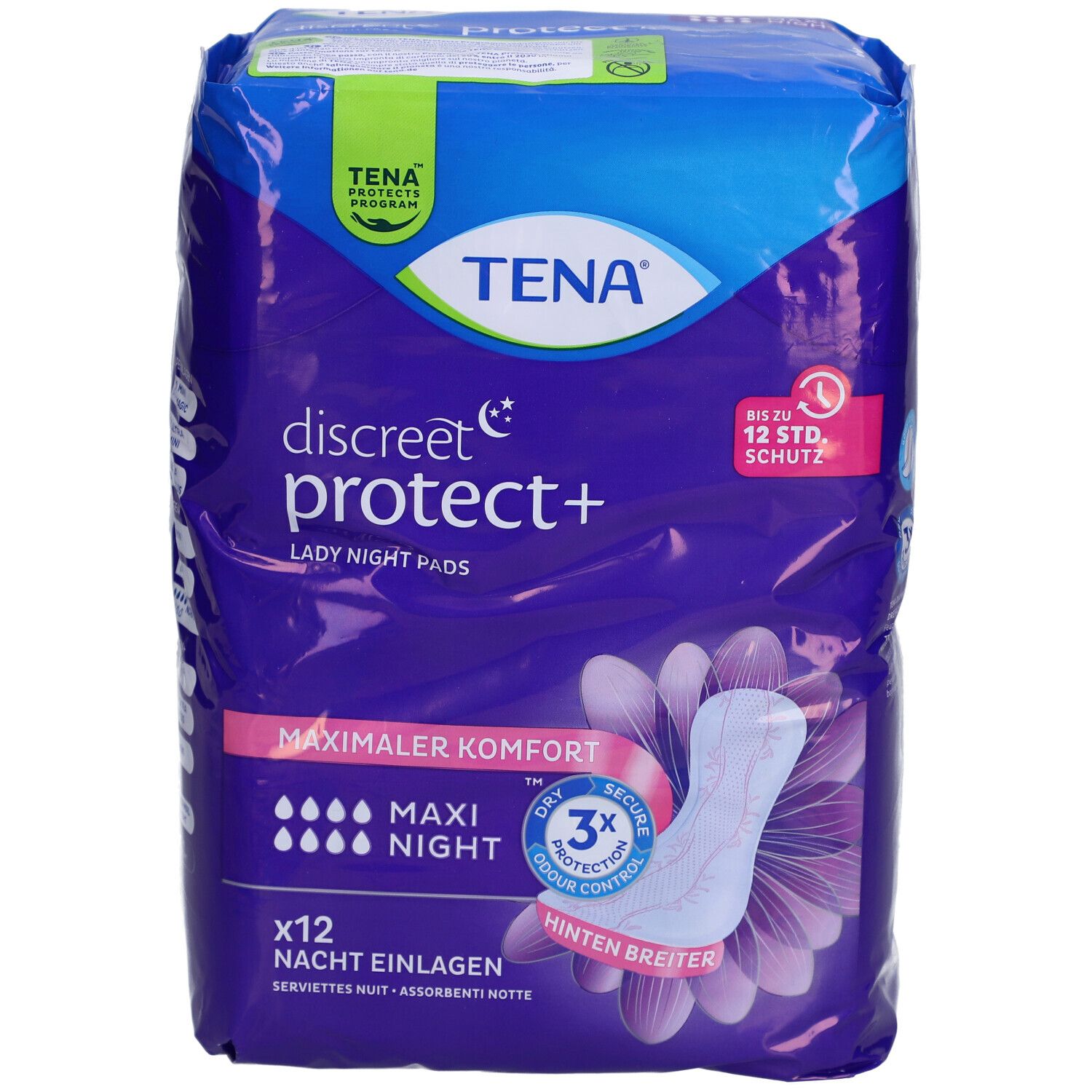 Verpackung von TENA Discreet protect+ Maxi Night. Blaue Verpackung mit Produktabbildung und Text. Enthält 12 Nachteinlagen.