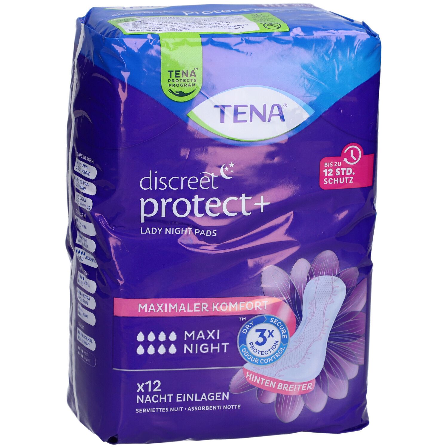Verpackung von TENA Discreet protect+ Maxi Night. Blaue Verpackung mit Produktabbildung und Text. Enthält 12 Nachteinlagen.
