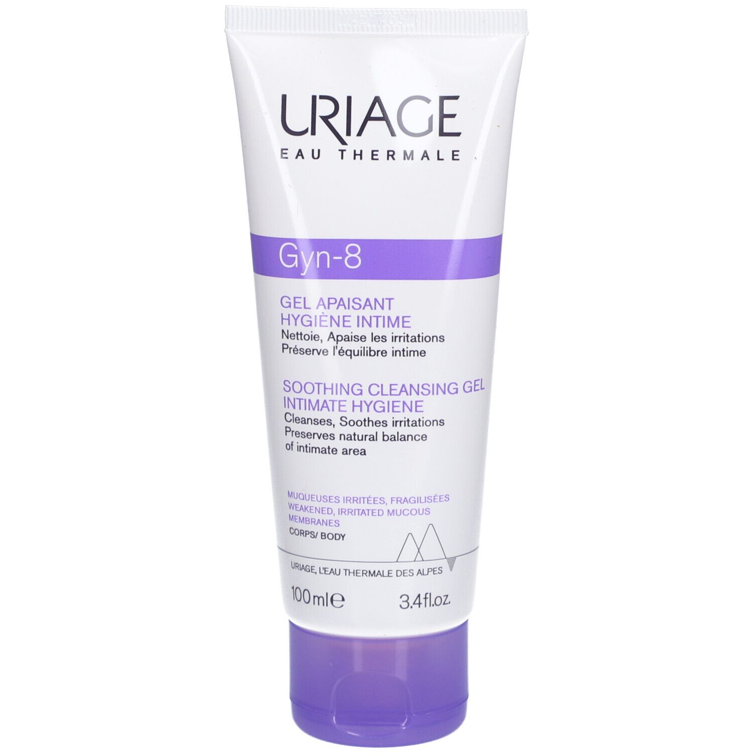 Tube blanche et violette avec texte. Uriage Gyn-8 gel apaisant pour l'hygiène intime. 100ml.