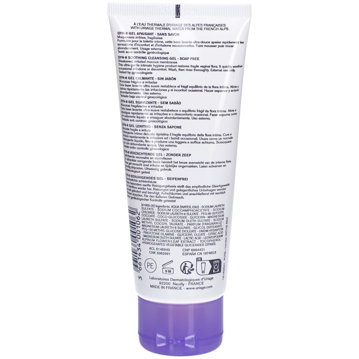 Dos du tube avec informations produit et ingrédients. Texte multilingue. Fabricant : Uriage.
