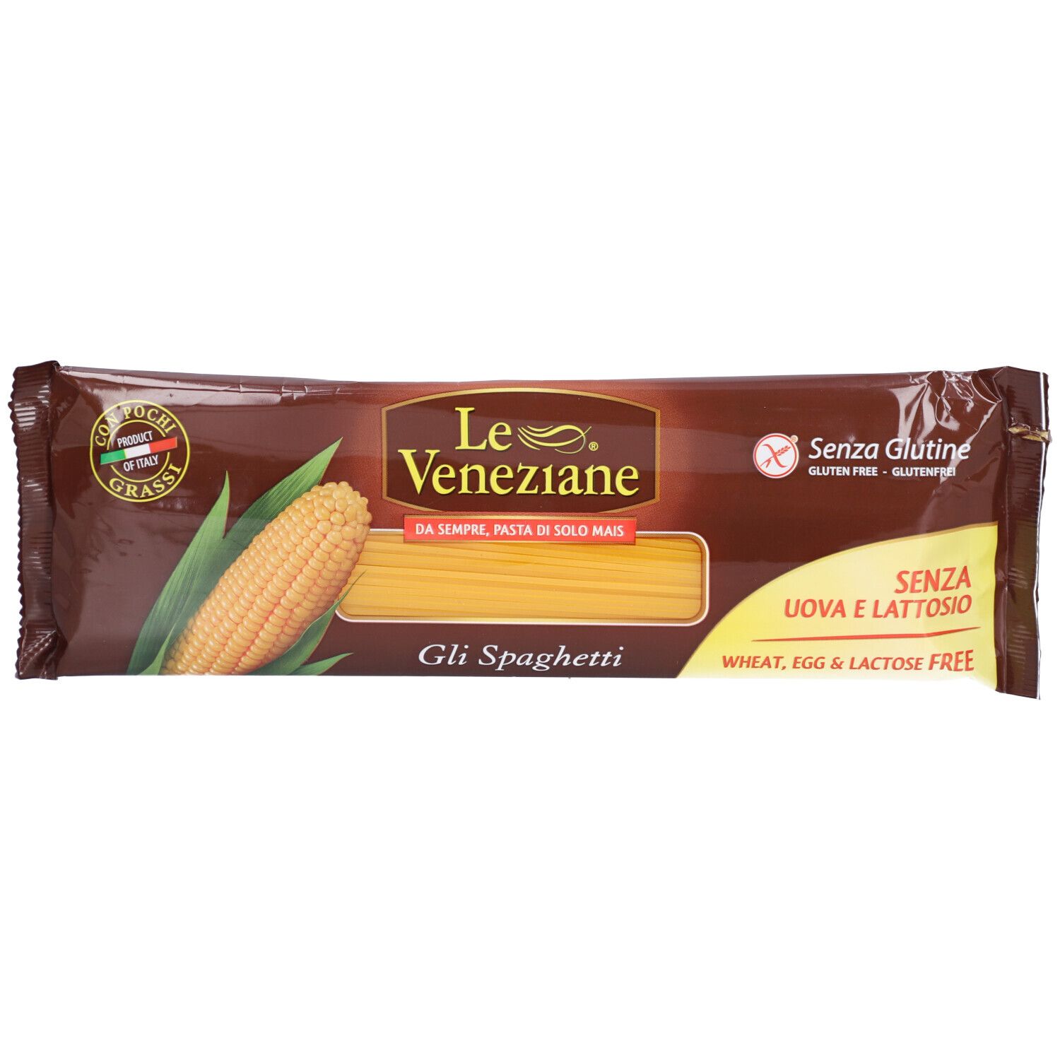 Verpackung Le Veneziane Spaghetti Maispasta glutenfrei. Braune Verpackung mit Produktabbildung und Text.