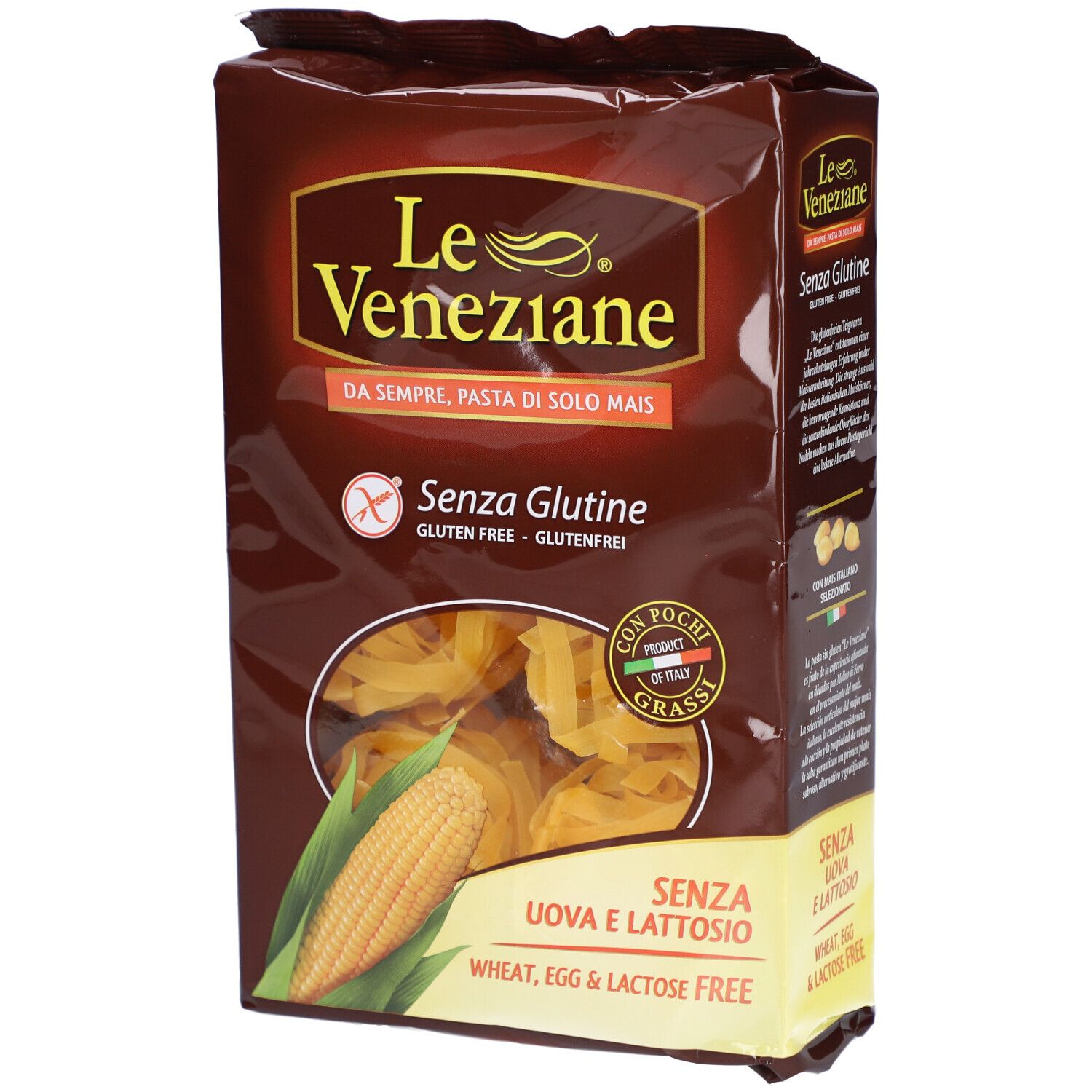 Verpackung von Le Veneziane Fettuccine Bandnudeln glutenfrei. Braune Verpackung mit Produktinformationen und Mais-Abbildung.