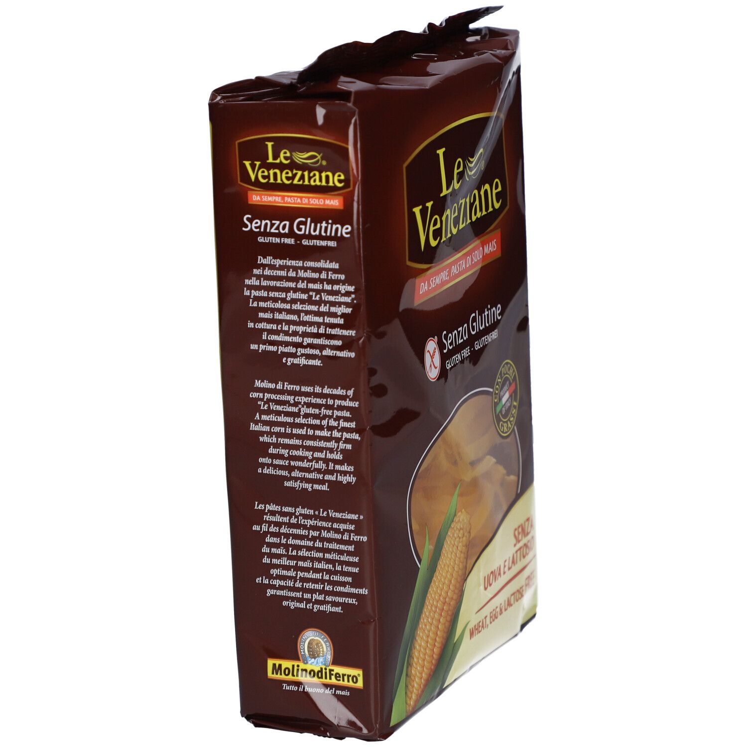 Le Veneziane Fettuccine Bandnudeln glutenfrei, braune Verpackung. Seitenansicht mit Produktnamen und Texten.