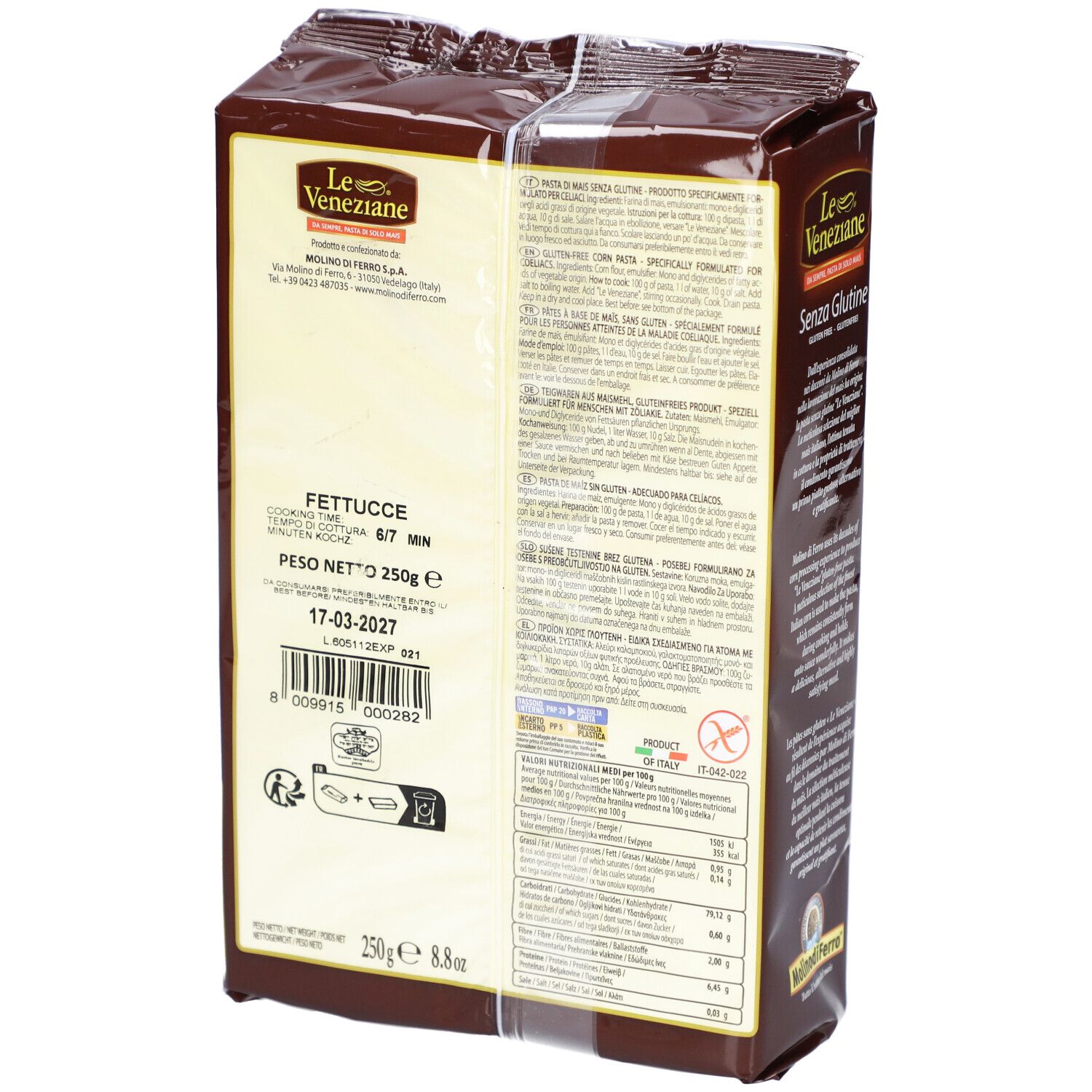 Rückseite der Le Veneziane Fettuccine Bandnudeln glutenfrei Verpackung. Textinformationen, Nährwertangaben und Logo.