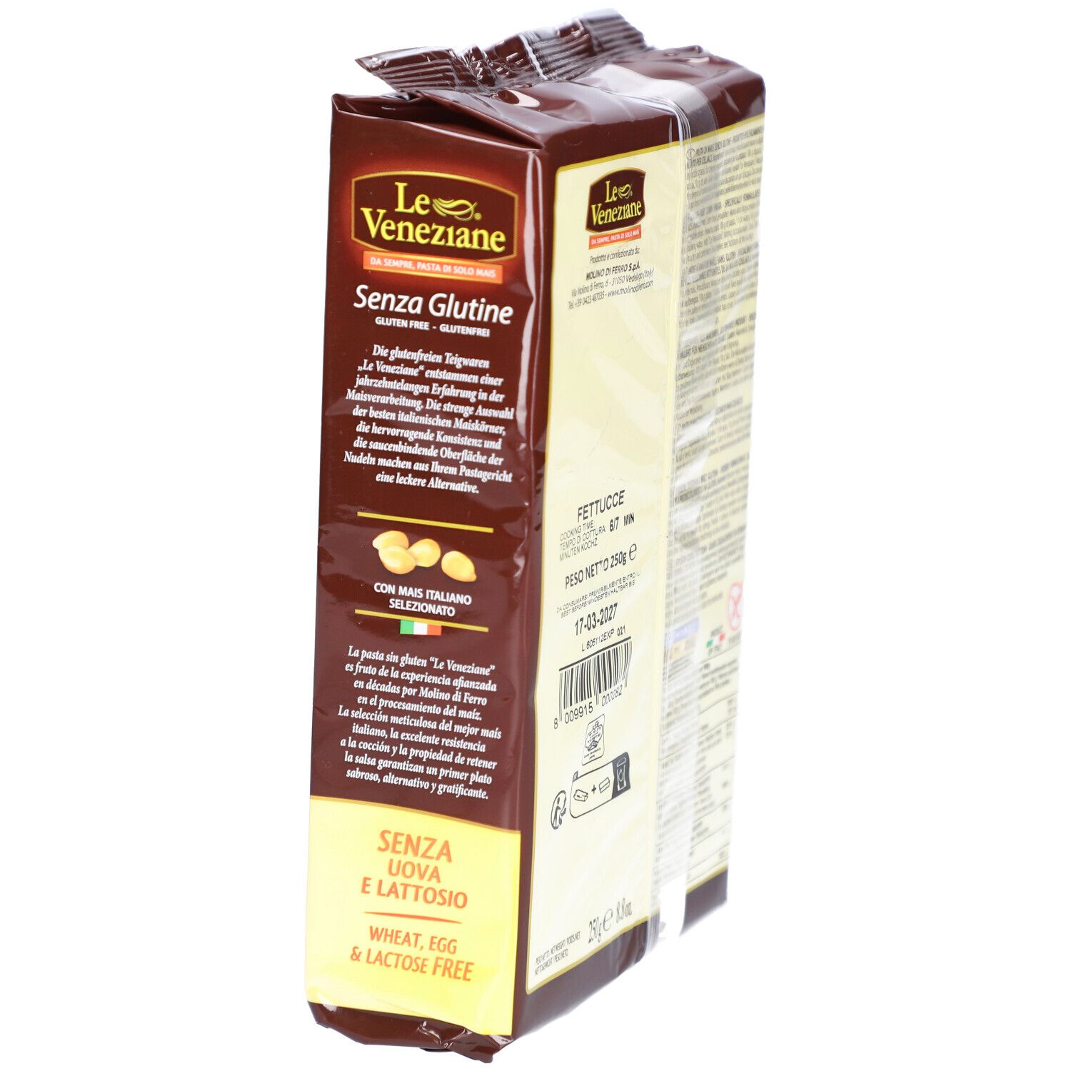 Le Veneziane Fettuccine Bandnudeln glutenfrei, braune Verpackung. Schräge Ansicht mit Produktnamen und Texten.