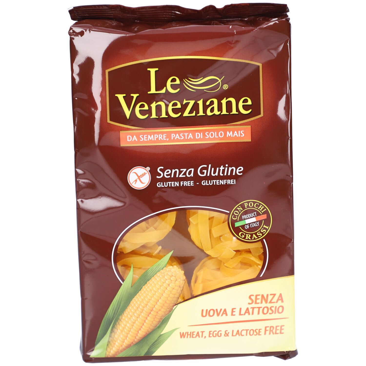 Le Veneziane Fettuccine Bandnudeln glutenfrei, braune Verpackung. Vorderansicht mit Produktnamen, Nudeln und Mais.