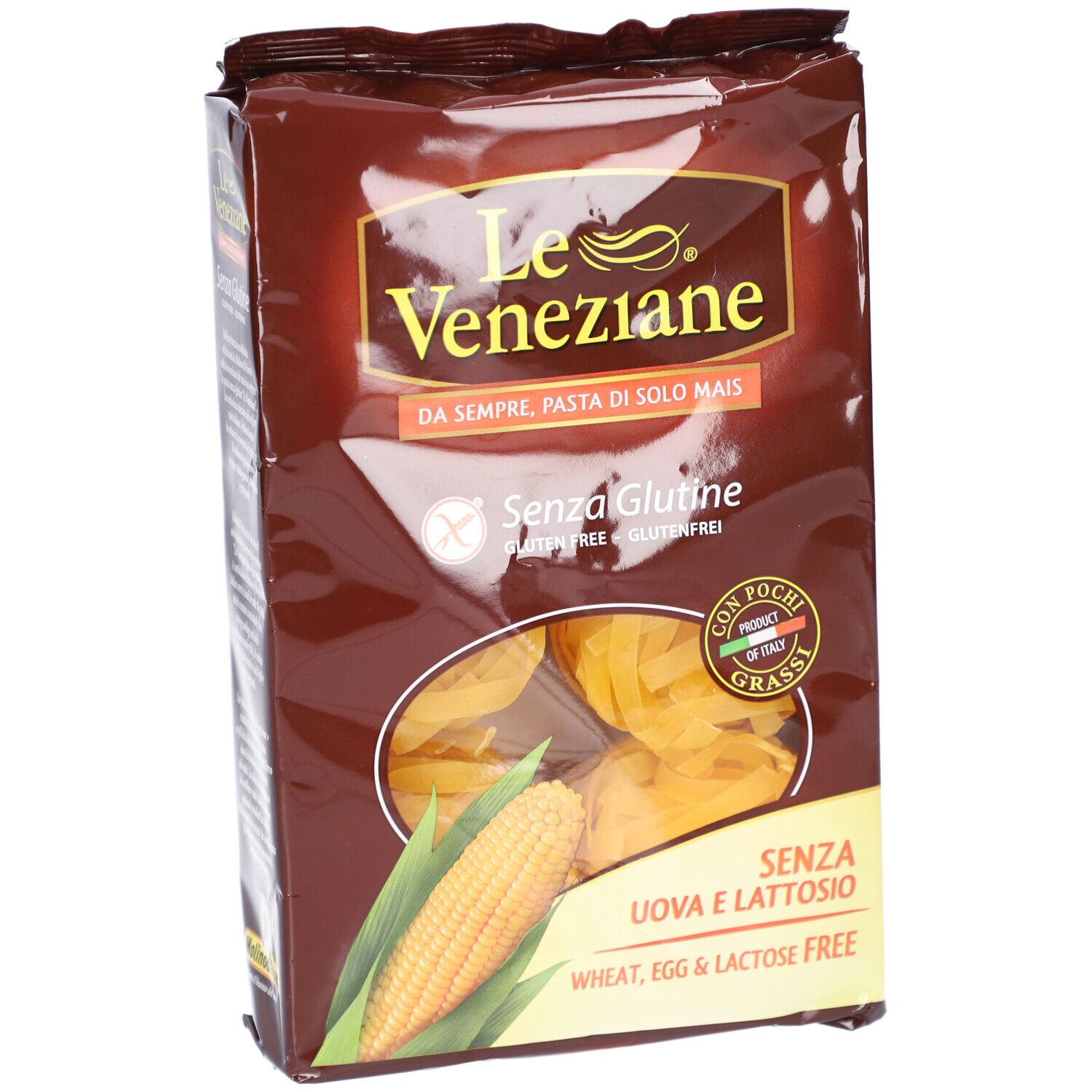 Le Veneziane Fettuccine Bandnudeln glutenfrei, braune Verpackung. Schräge Vorderansicht mit Produktnamen und Nudeln.