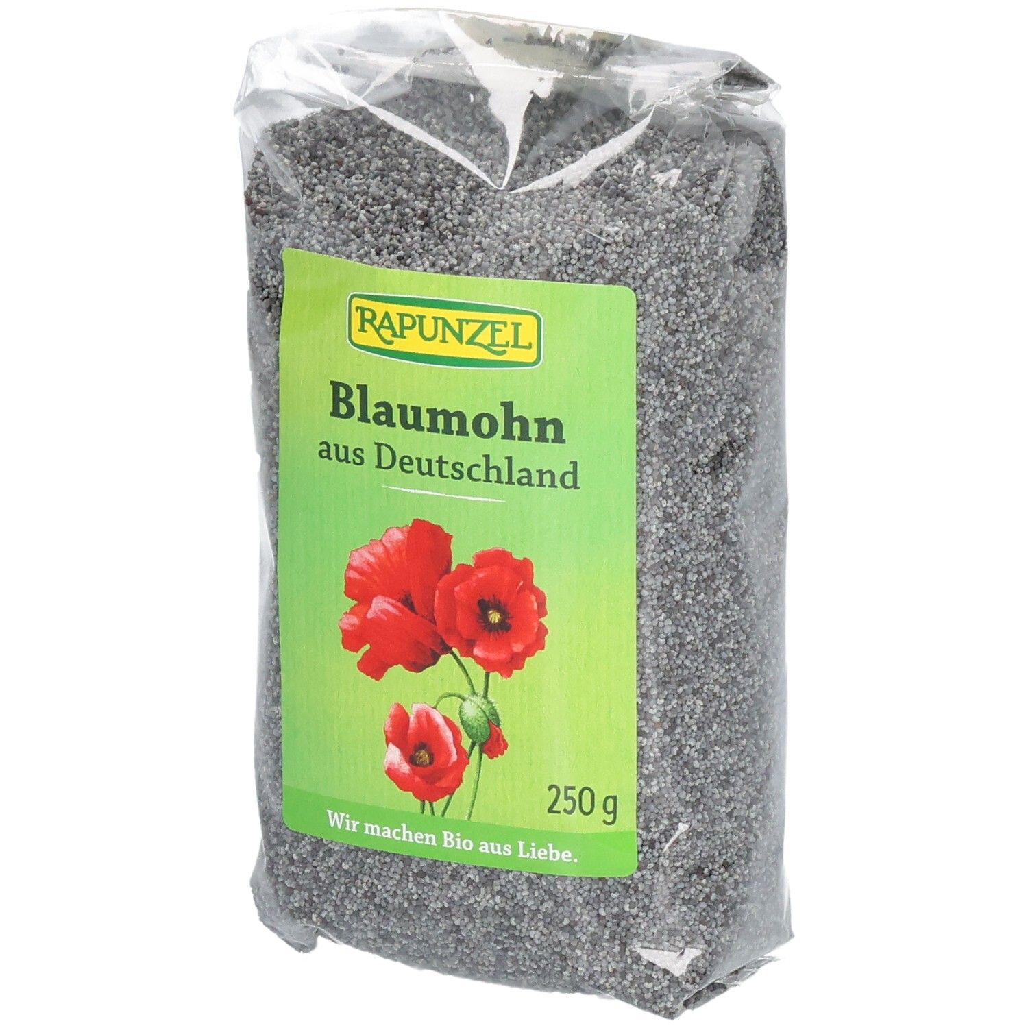 Transparente Verpackung mit Blaumohn. Grünes Etikett mit "RAPUNZEL", "Blaumohn aus Deutschland", Mohnblumen und 250g.