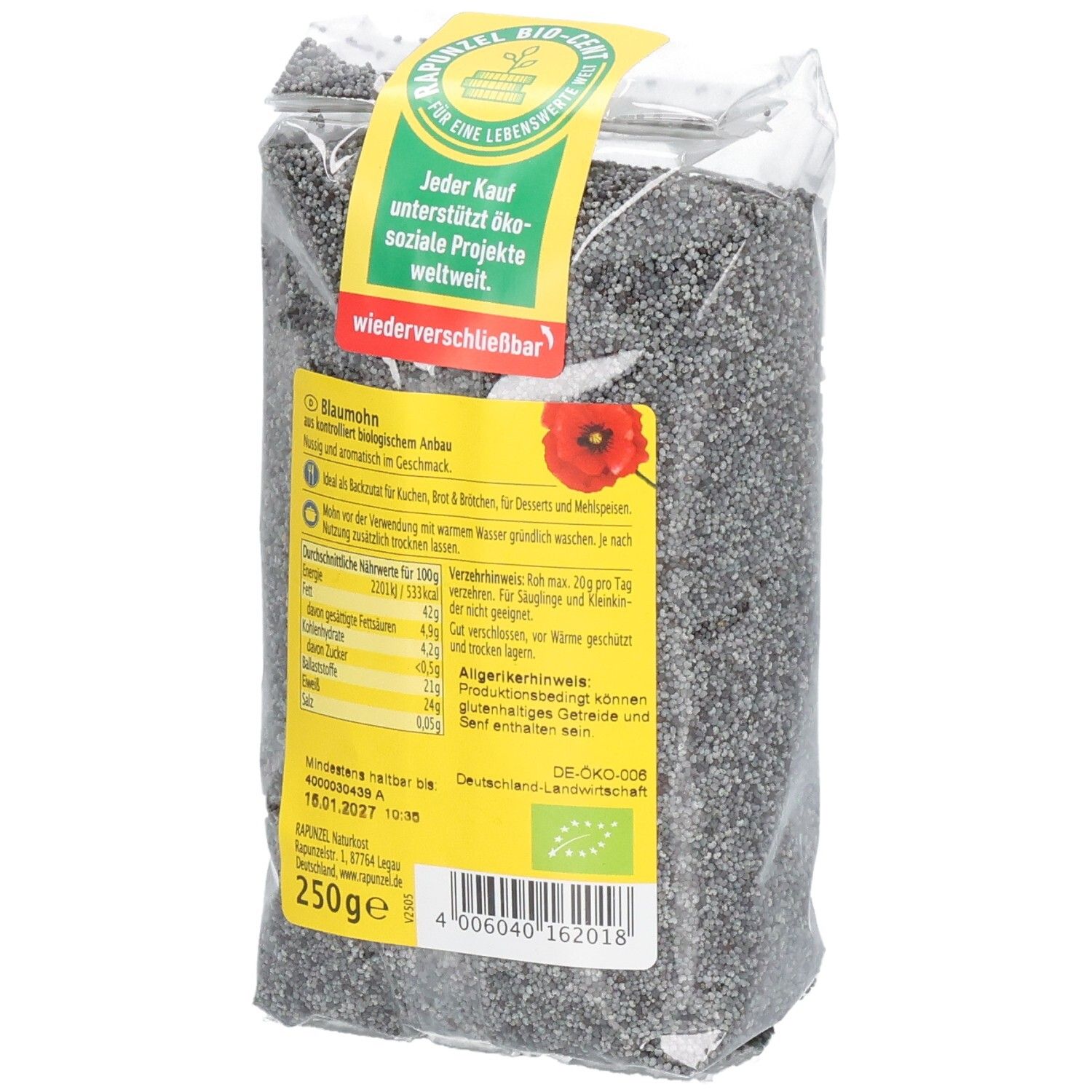 Rückseite der Verpackung mit Blaumohn. Gelbes Etikett mit Text, Nährwertangaben, Bio-Siegel und Barcode.