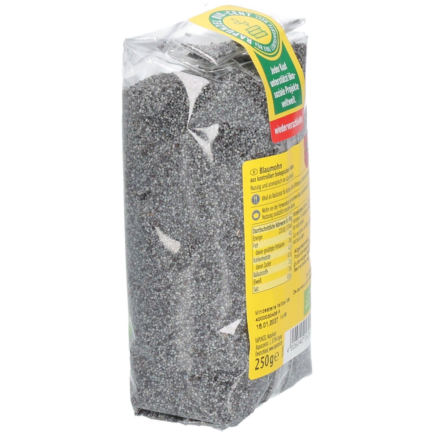 Verpackung mit Blaumohn, schräg. Gelbes Etikett mit Text, Nährwertangaben, Bio-Siegel und Barcode.