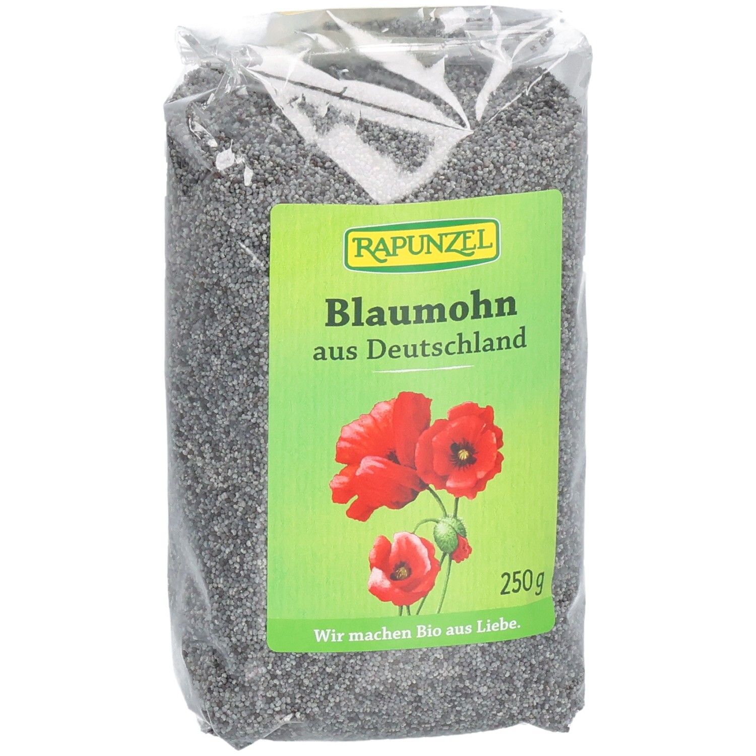 Transparente Verpackung mit Blaumohn. Grünes Etikett mit "RAPUNZEL", "Blaumohn aus Deutschland", Mohnblumen und 250g.