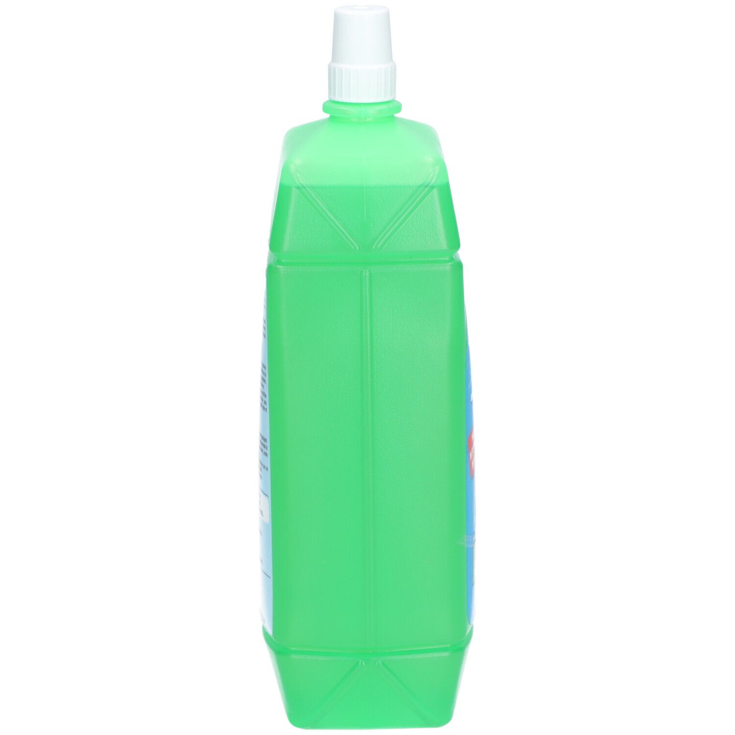 Grüne Flasche mit weißem Verschluss. Seitenansicht. Keine weiteren Details.