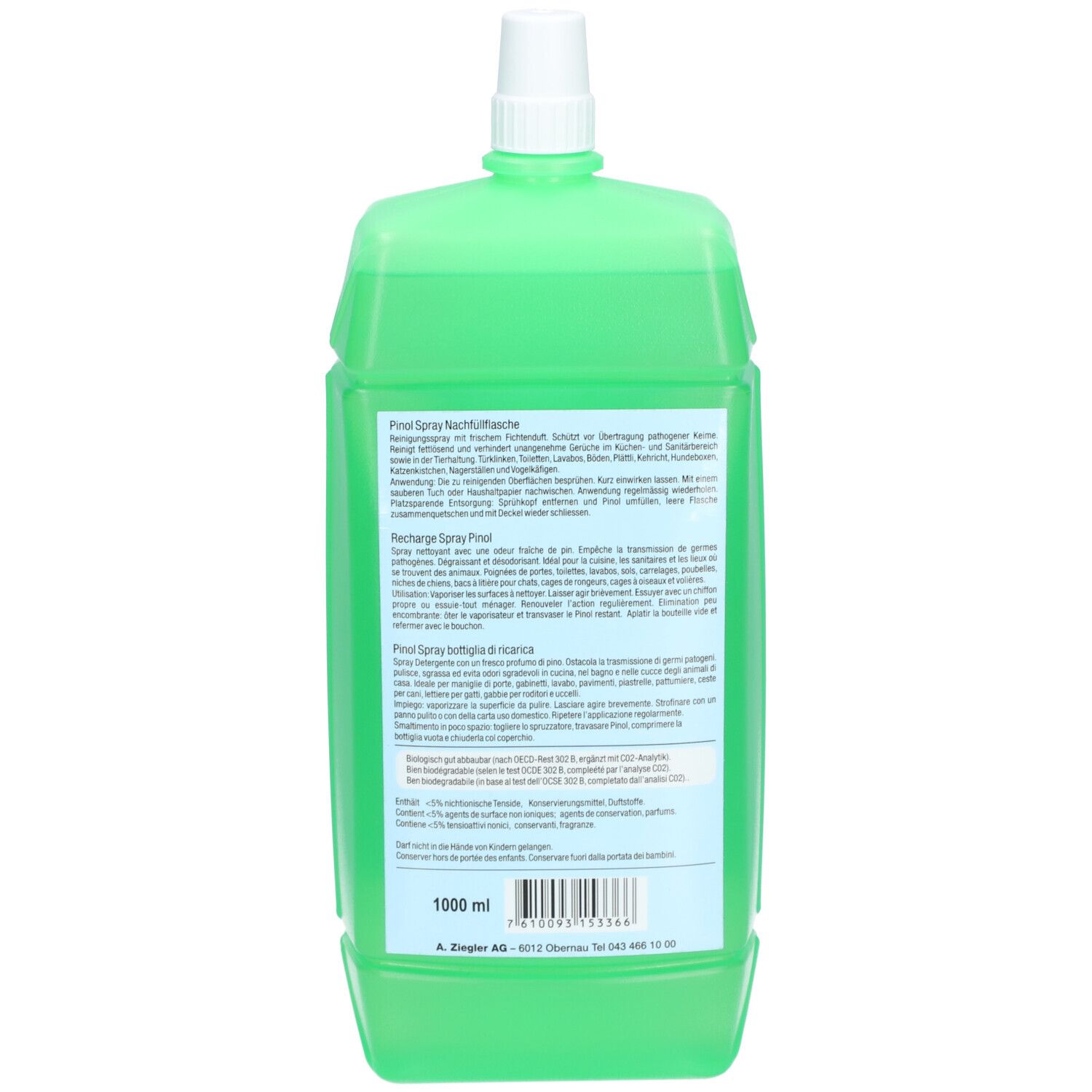 Grüne Flasche mit weißem Verschluss. Rückseite mit Text. 1000 ml.