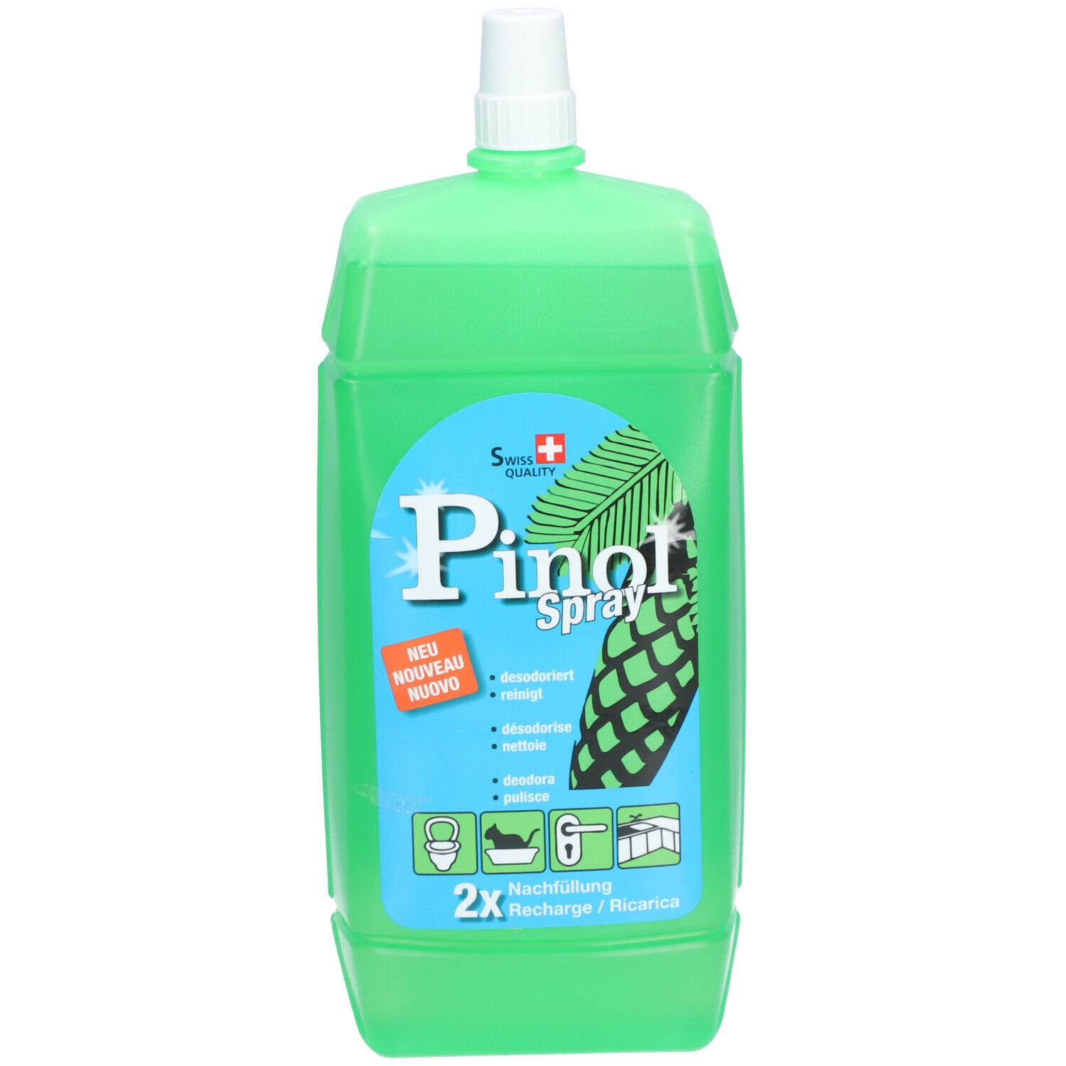 Grüne Flasche mit weißem Verschluss. Aufschrift: Pinol Spray, Schweizer Kreuz, 2x Nachfüllung.