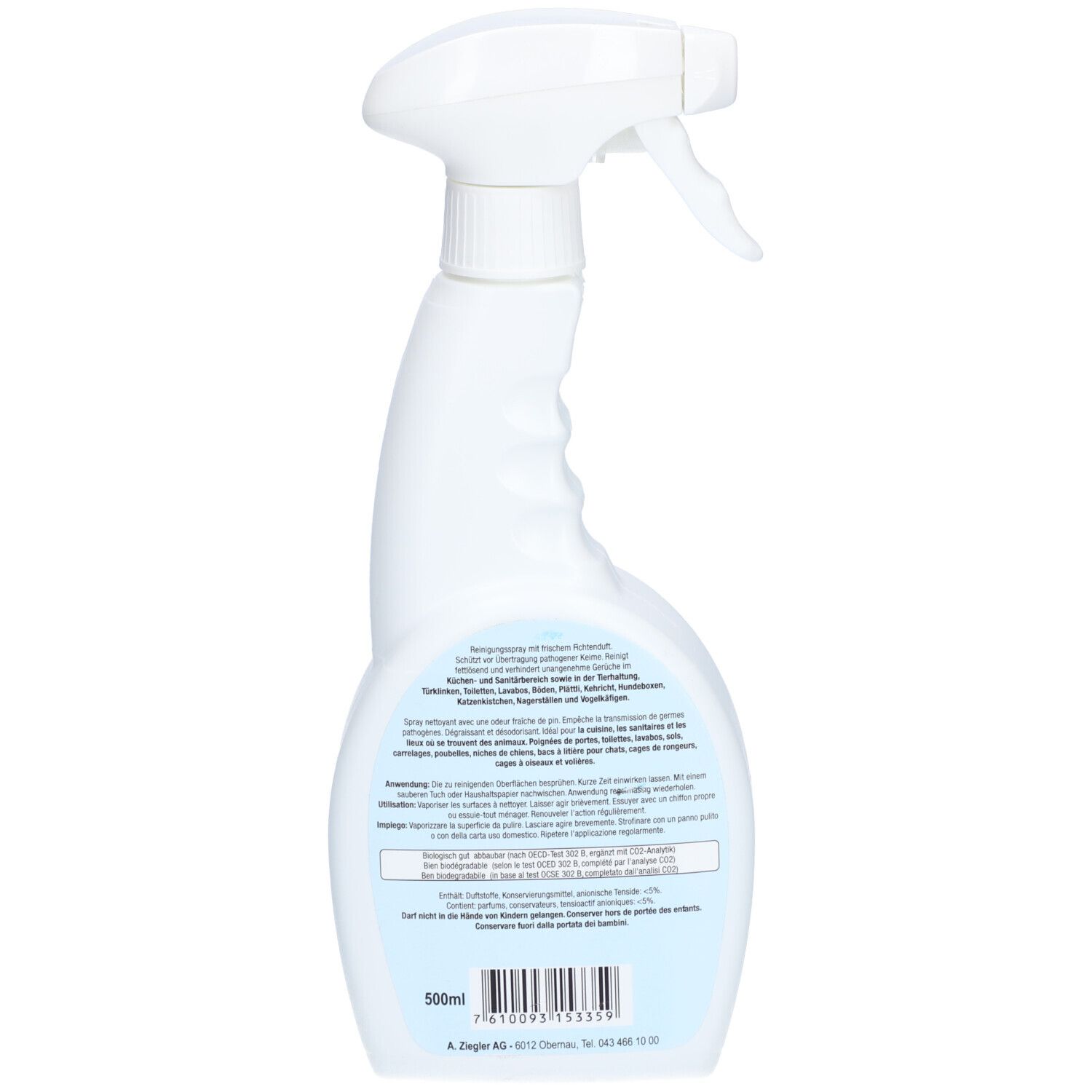 Rückseite des weißen Reinigungssprays. Text und Grafik auf blauem Etikett. Volumenangabe: 500ml.