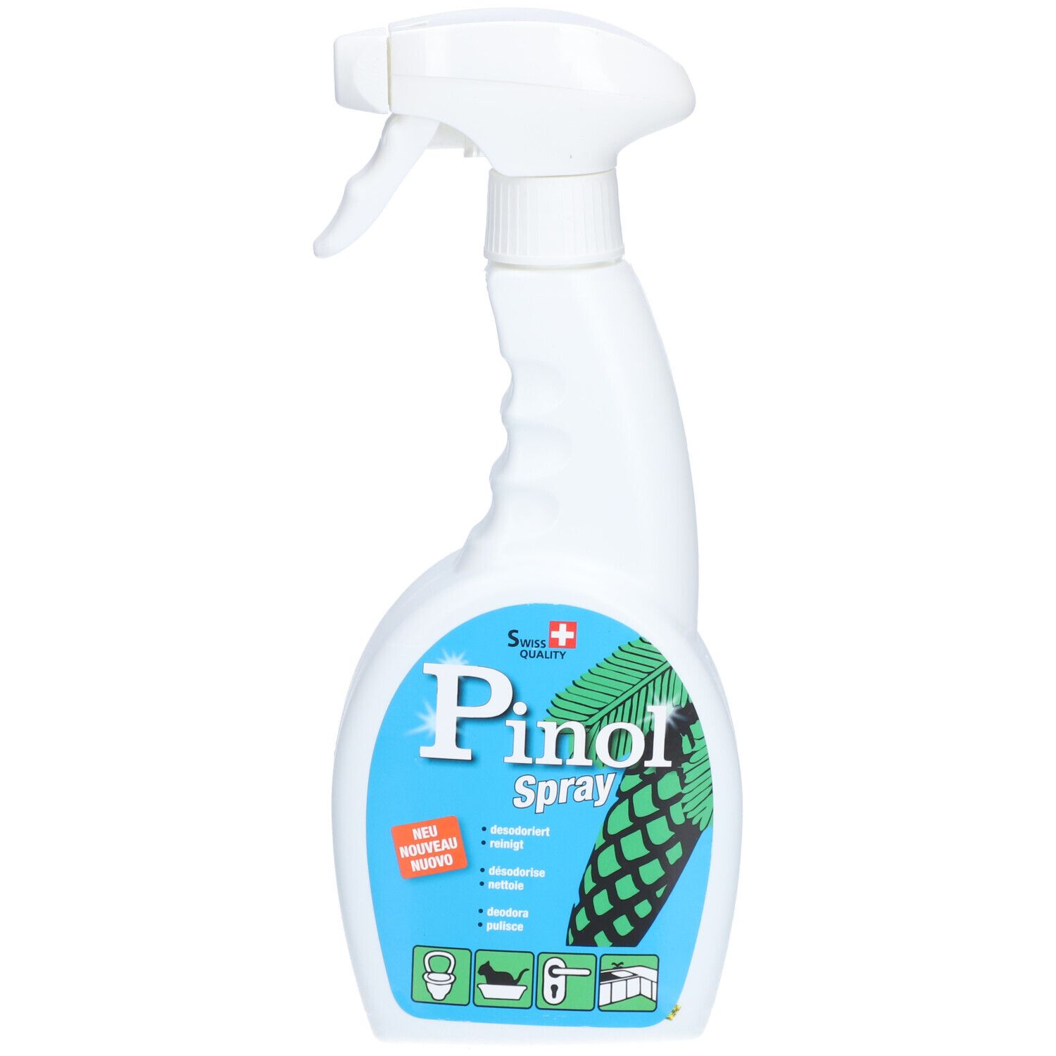 Weißes Reinigungsspray mit Sprühkopf. Aufschrift: Pinol Spray, Swiss Quality. Abbildung einer Kiefernzapfen.