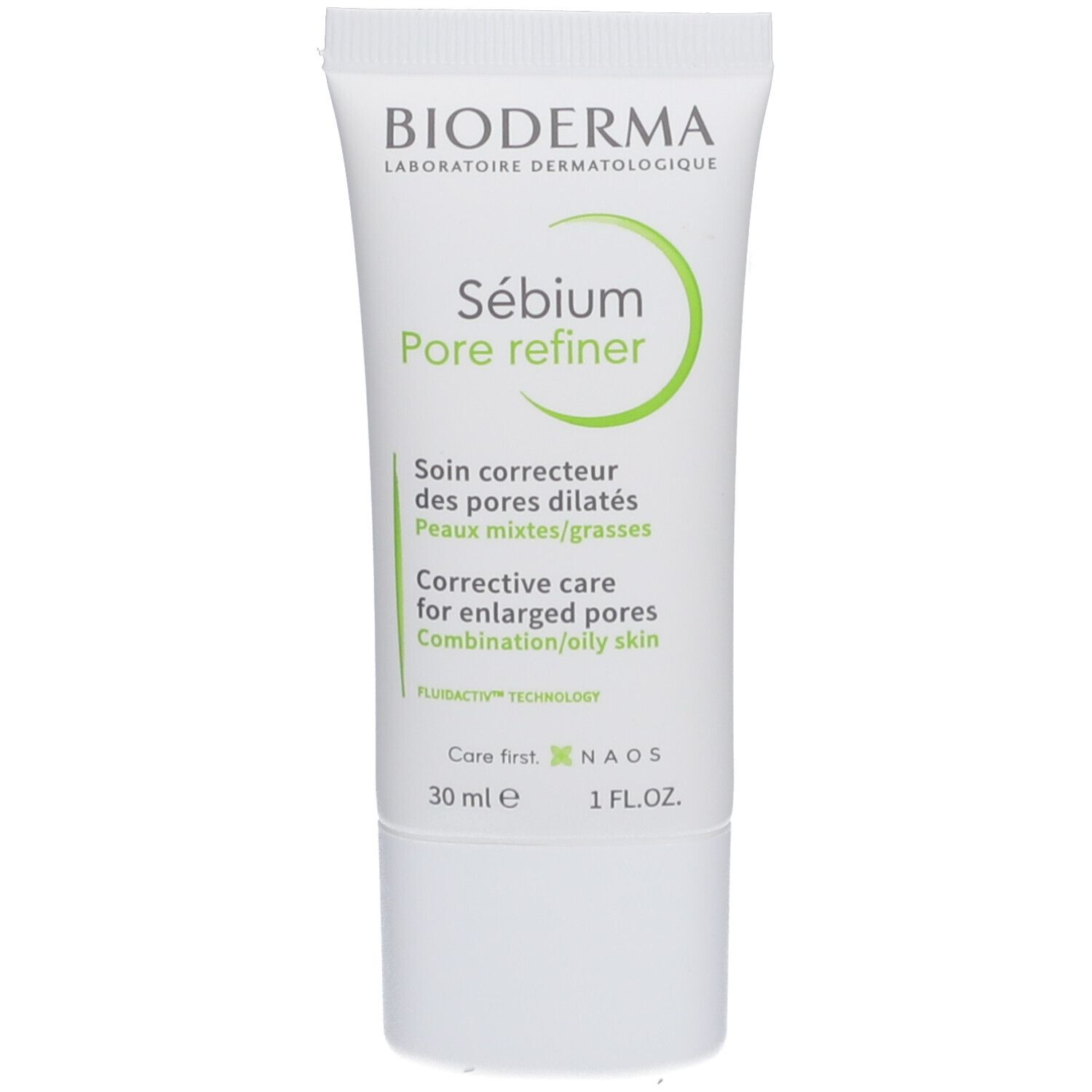 Weiße Tube mit grünem Deckel. Aufschrift: BIODERMA Sébium Pore refiner. Text in Deutsch und Englisch.