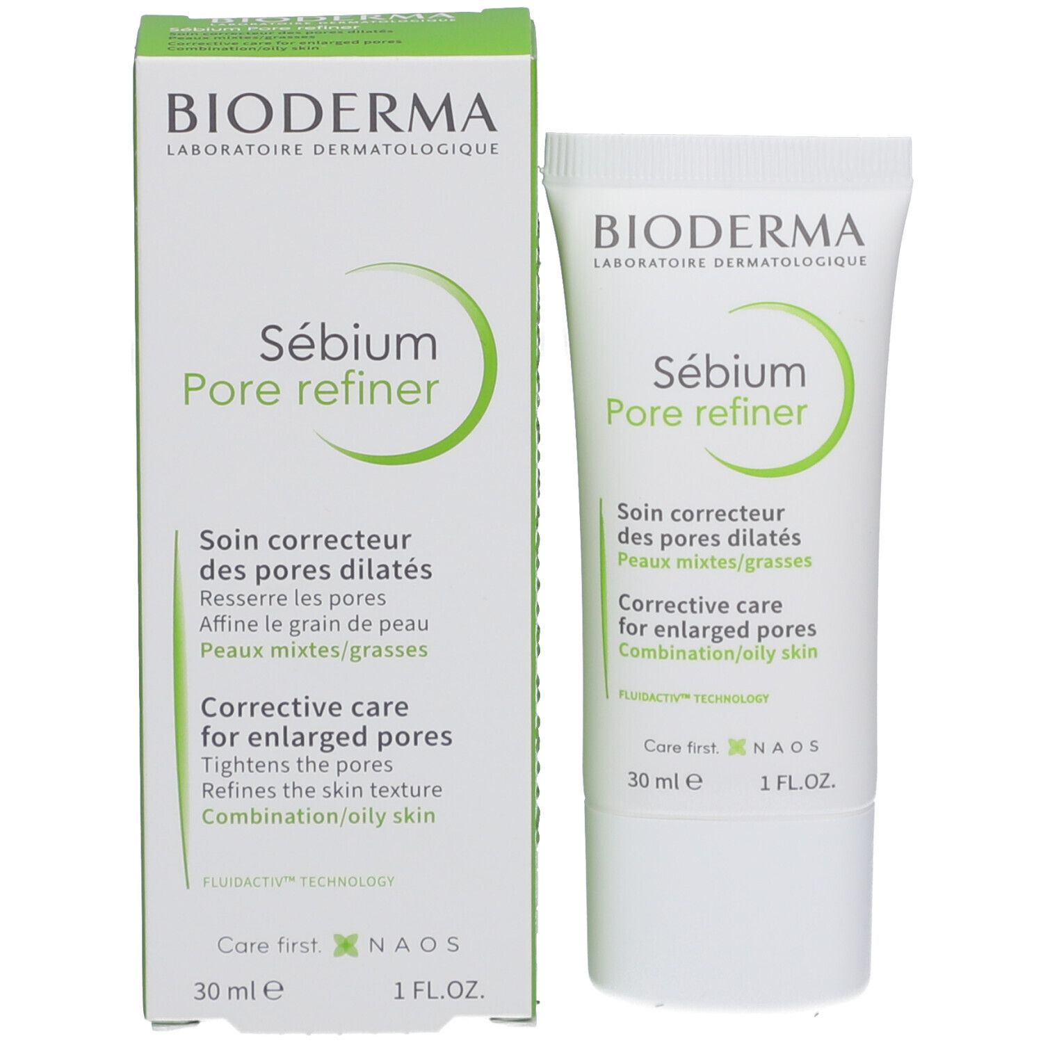 Produkt und Verpackung. Weiße Tube und grüne Schachtel. Aufschrift: BIODERMA Sébium Pore refiner. Text in Deutsch und Englisch.