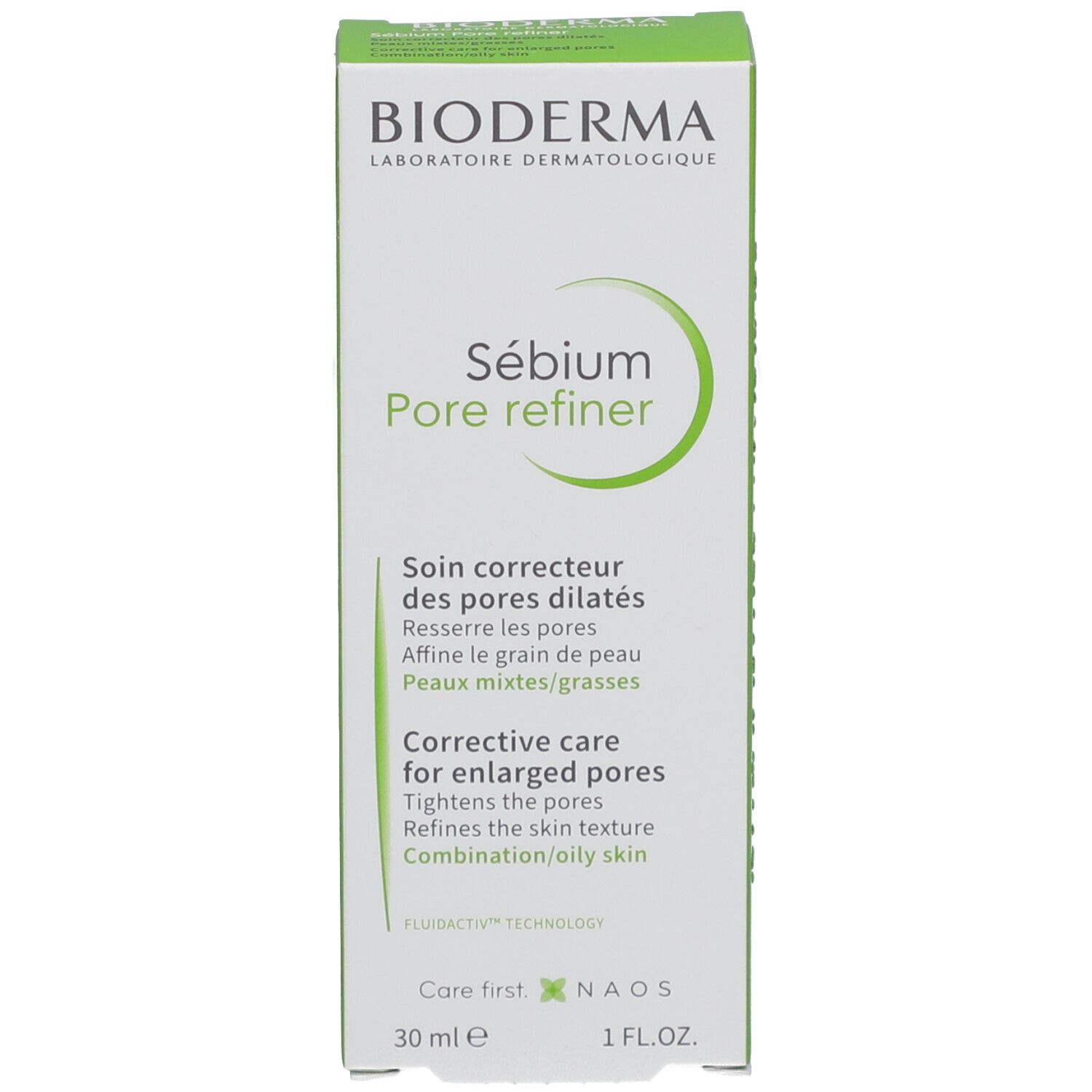 Grüne Schachtel mit weißer Schrift. Aufschrift: BIODERMA Sébium Pore refiner. Text in Deutsch und Englisch.