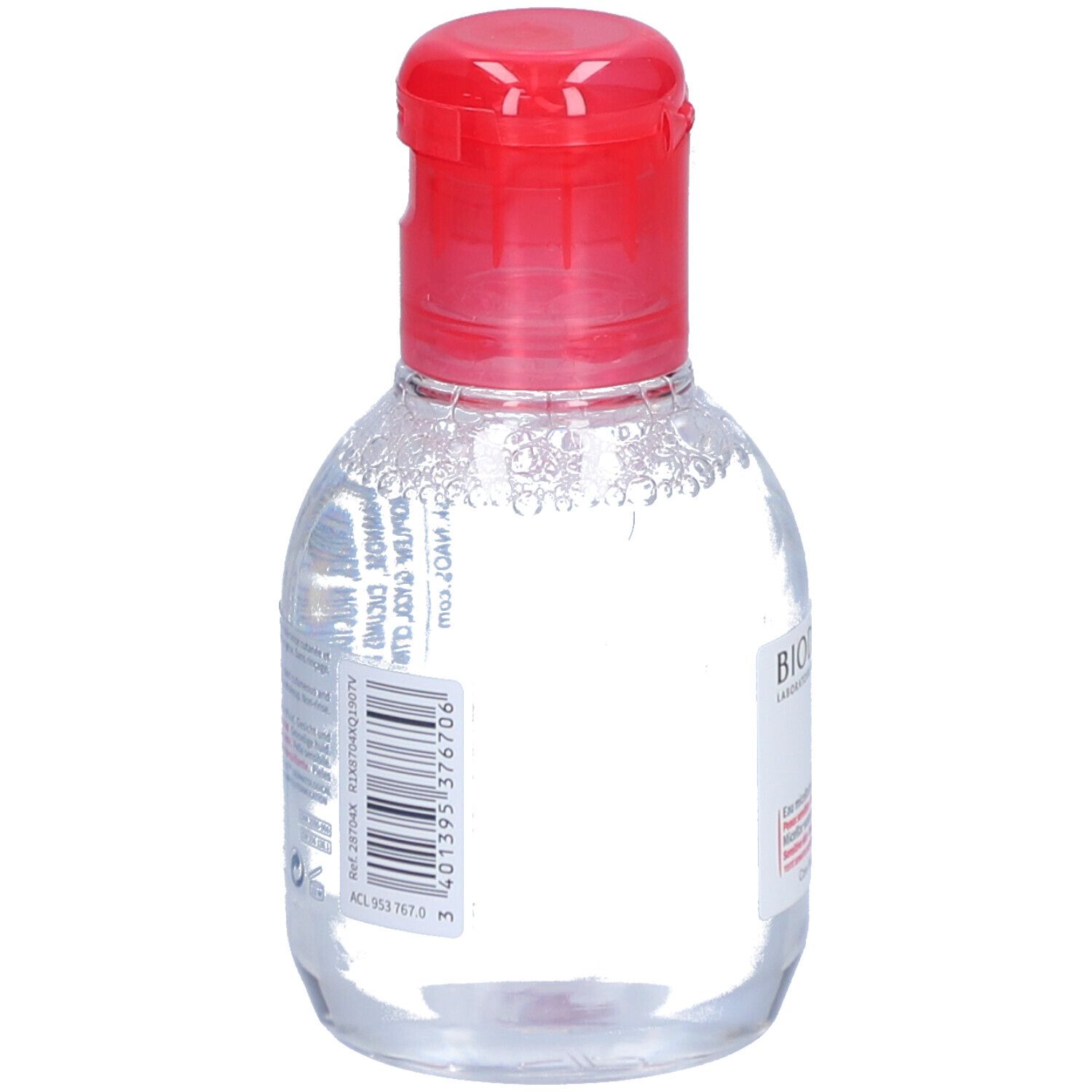 Flacon transparent, bouchon rouge. Verso avec code-barres et texte. Eau micellaire démaquillante.