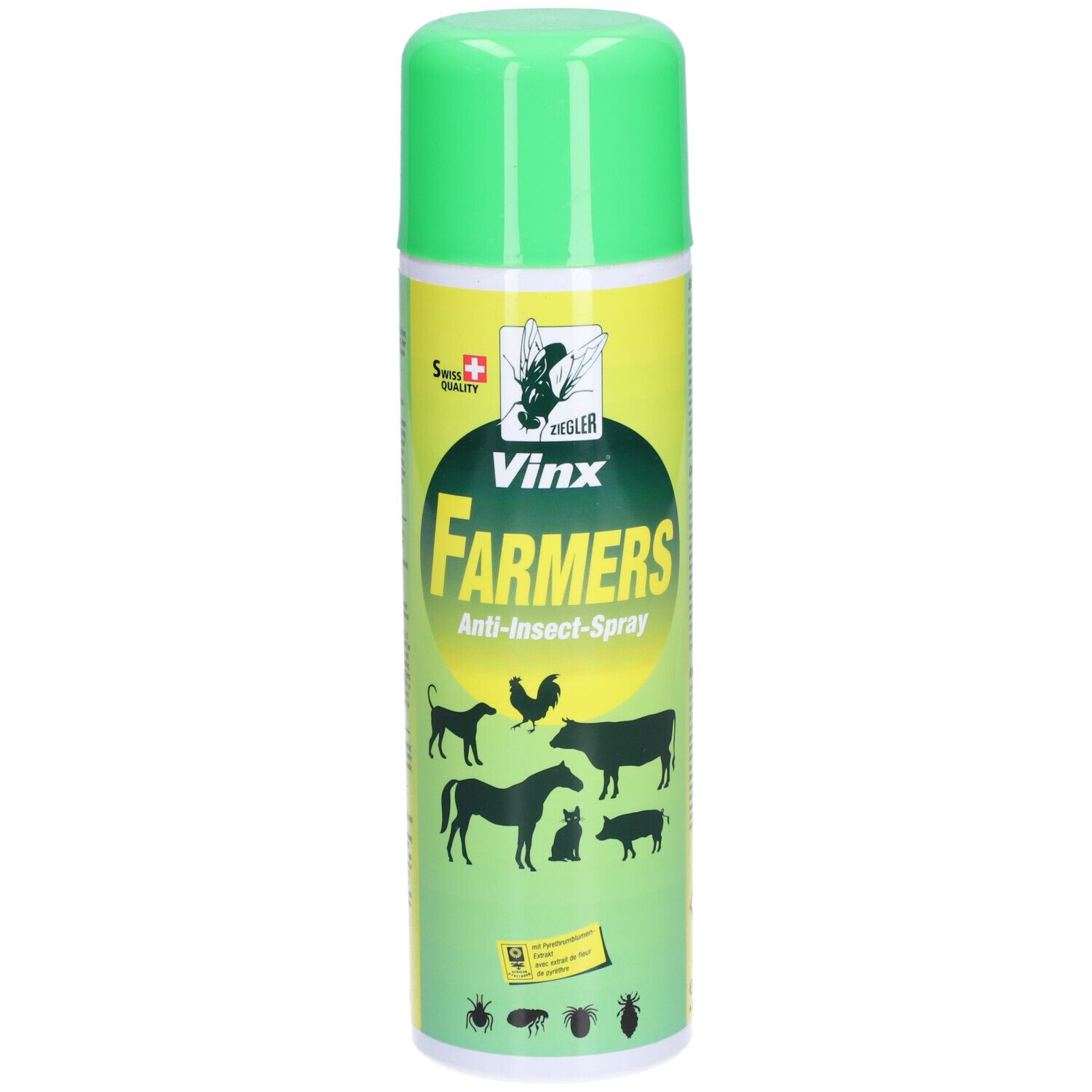 Grüne Sprühdose mit gelbem Etikett. Aufschrift: VINX FARMERS Anti-Insect-Spray. Abbildungen von Tieren.