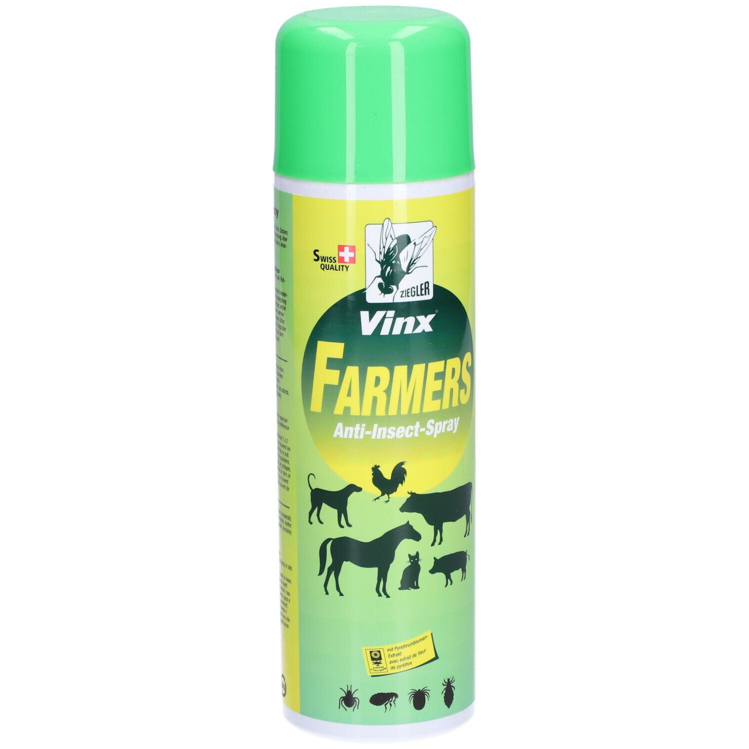 Grüne Sprühdose mit gelbem Etikett. Aufschrift: VINX FARMERS Anti-Insect-Spray. Abbildungen von Tieren.