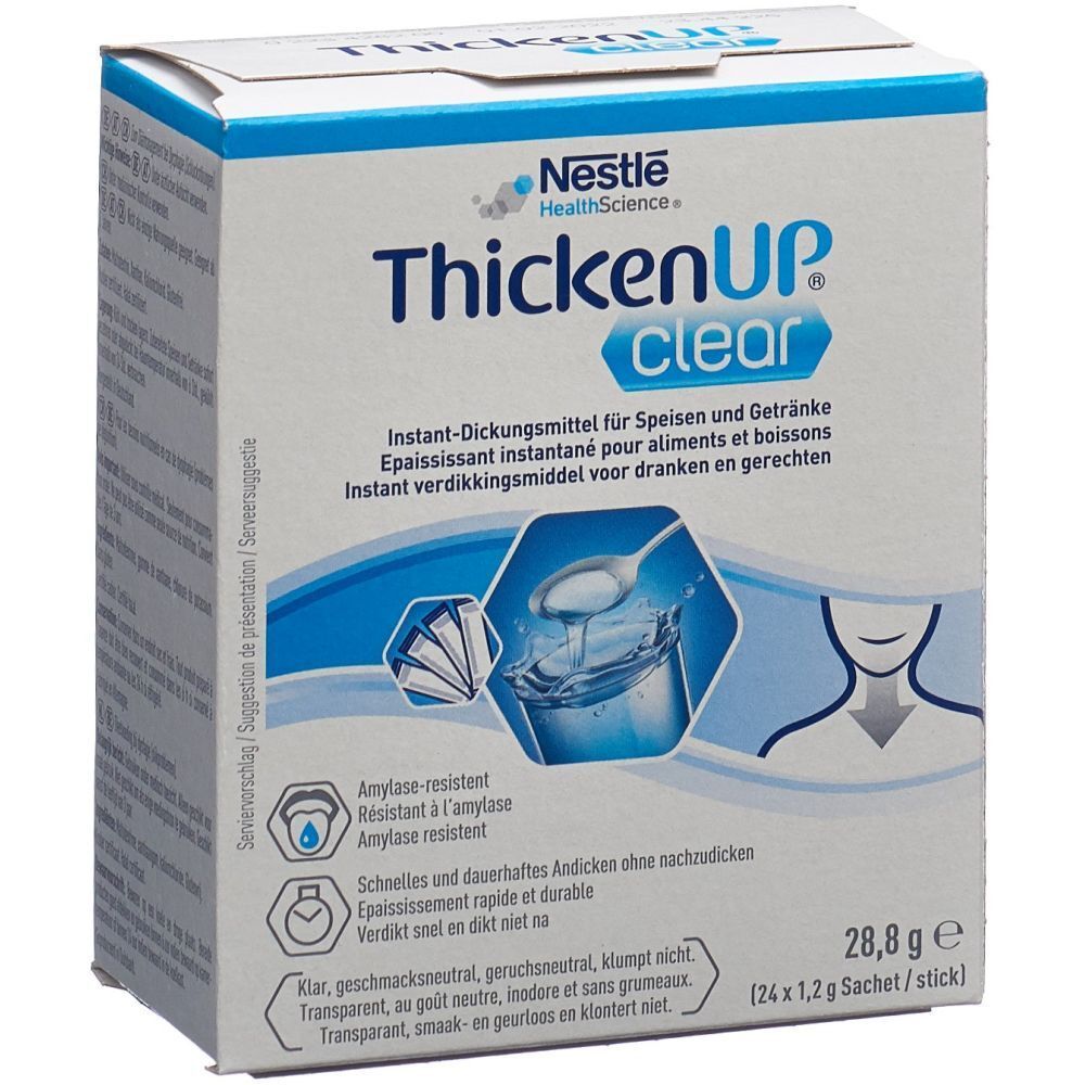 NESTLE ThickenUP Clear. Box with product name, illustration of thickening liquid, and key features.