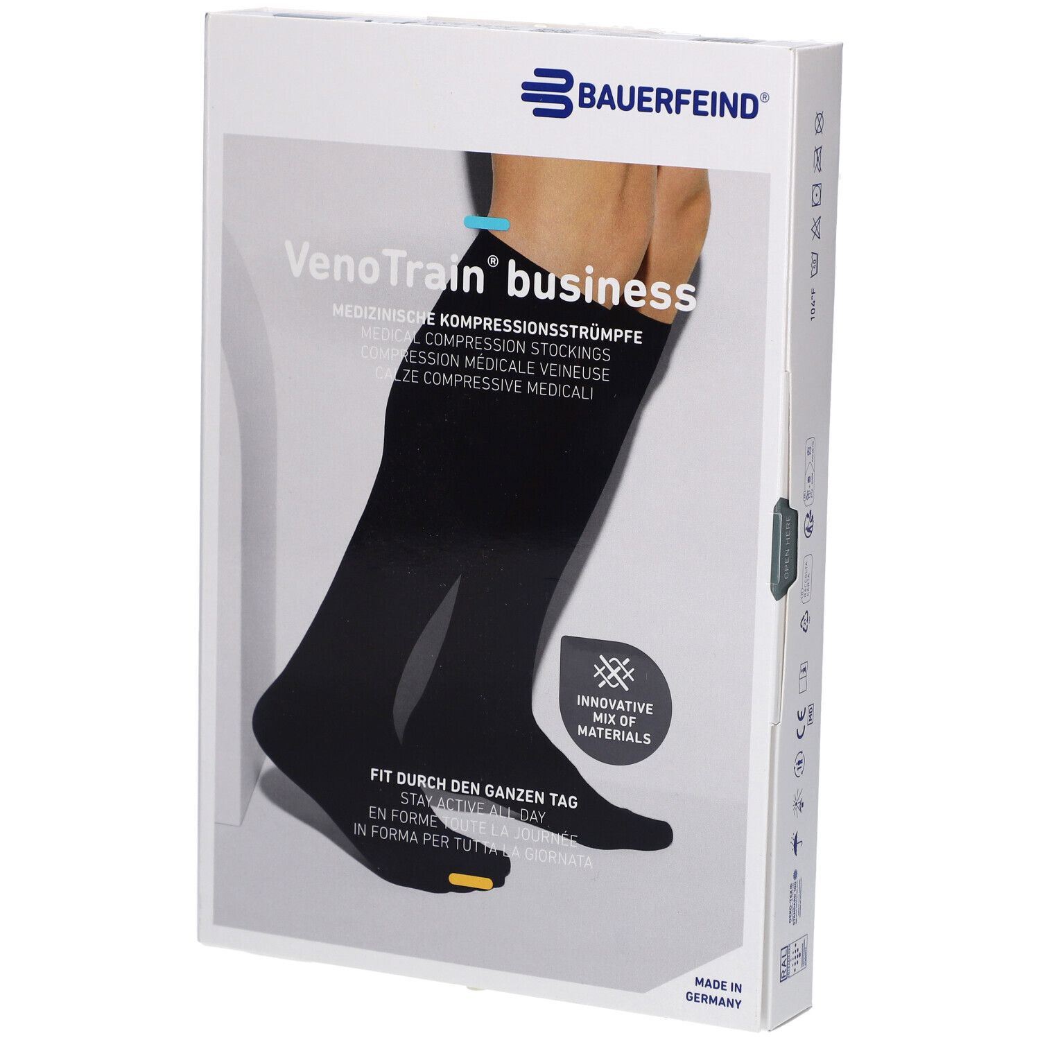 Schwarze Kompressionsstrümpfe in Verpackung. Marke: Bauerfeind. Aufdruck: VenoTrain business. Medizinische Kompressionsstrümpfe.