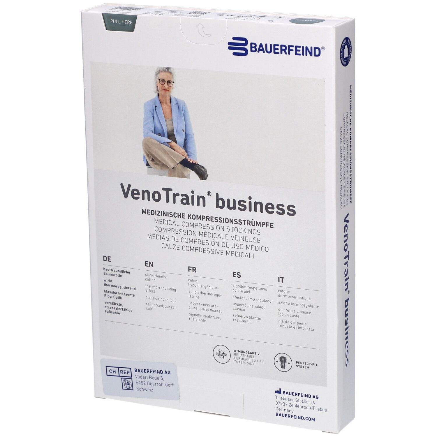Verpackung mit Kompressionsstrümpfen. Marke: Bauerfeind. Aufdruck: VenoTrain business. Medizinische Kompressionsstrümpfe. Frau im Bild.