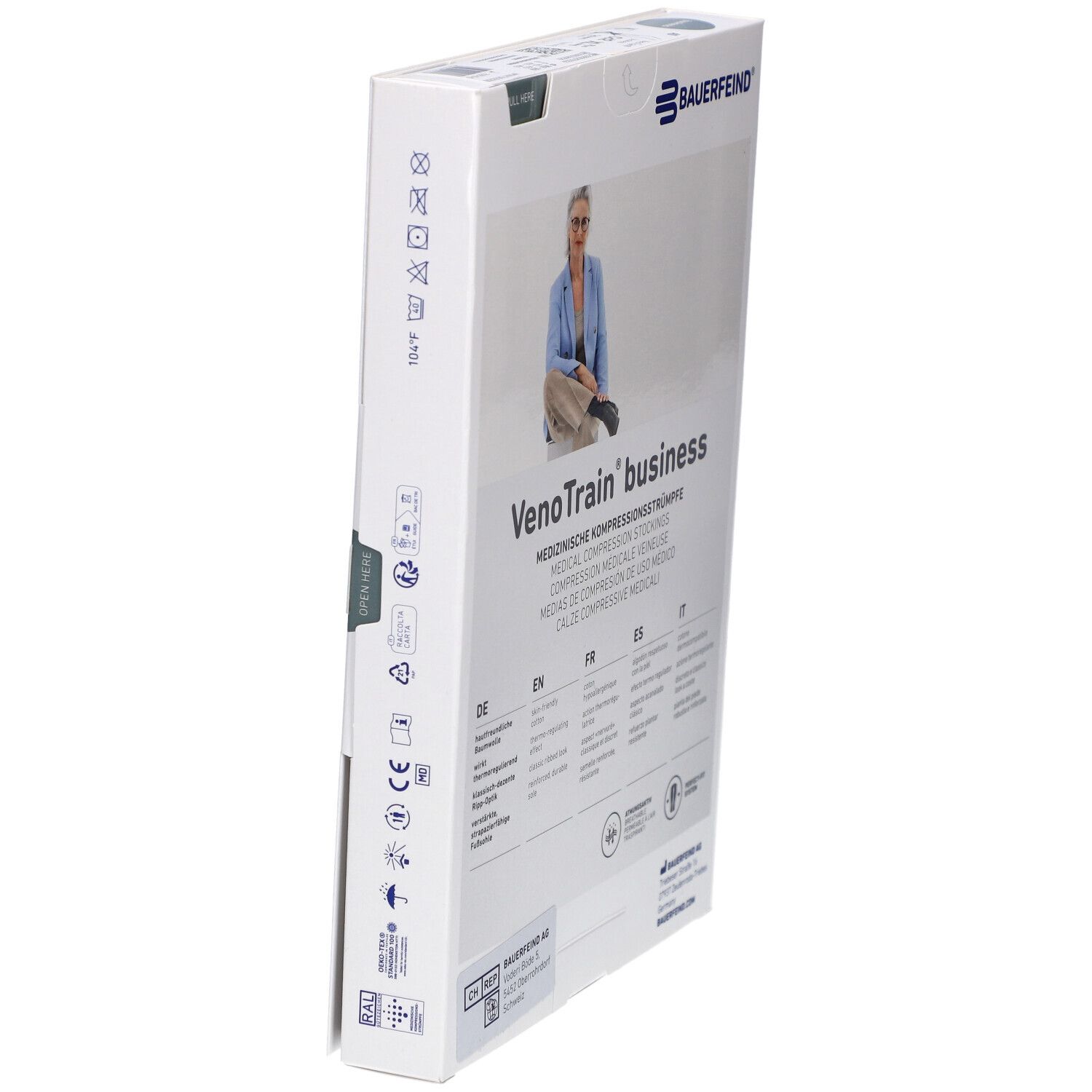 Verpackung mit Kompressionsstrümpfen. Marke: Bauerfeind. Aufdruck: VenoTrain business. Medizinische Kompressionsstrümpfe. Frau im Bild.