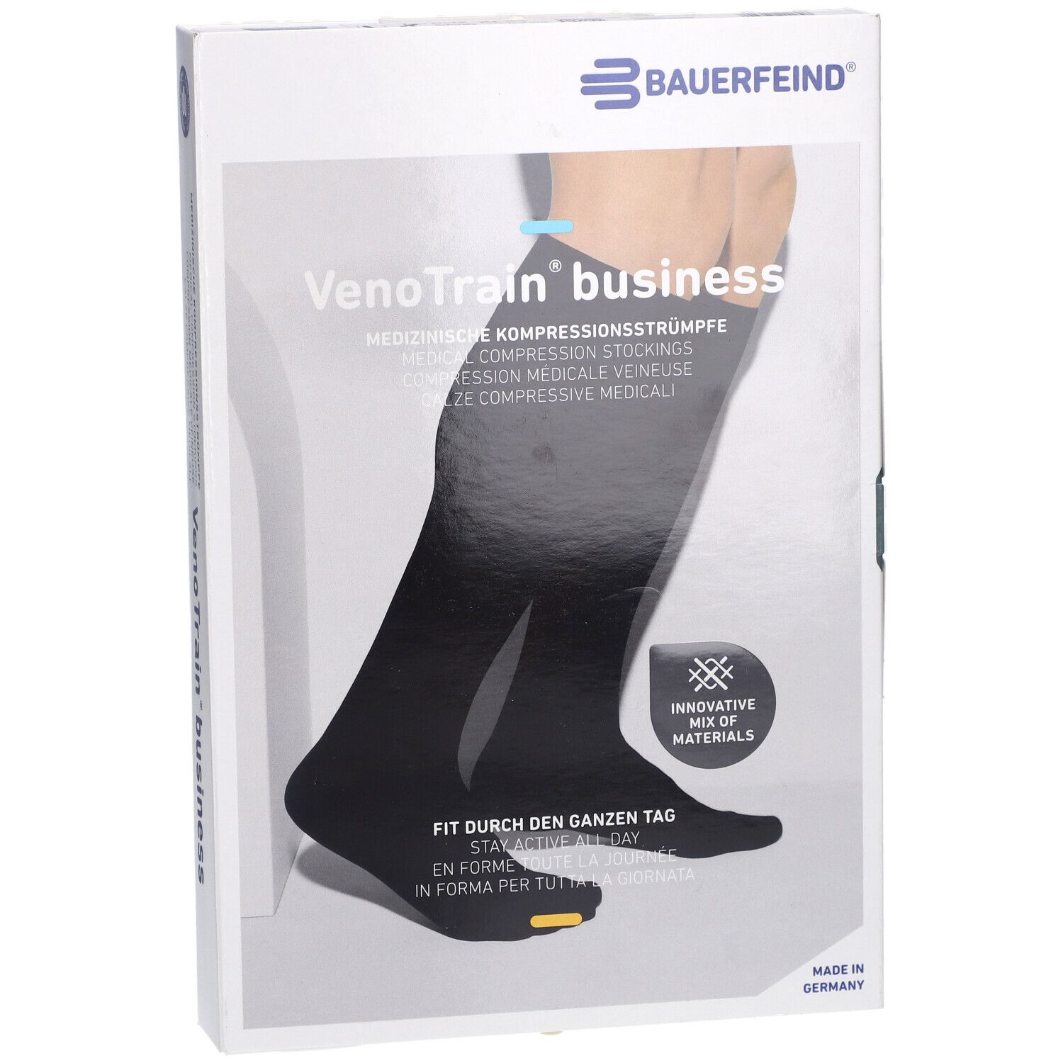 Schwarze Kompressionsstrümpfe in Verpackung. Marke: Bauerfeind. Aufdruck: VenoTrain business. Medizinische Kompressionsstrümpfe.