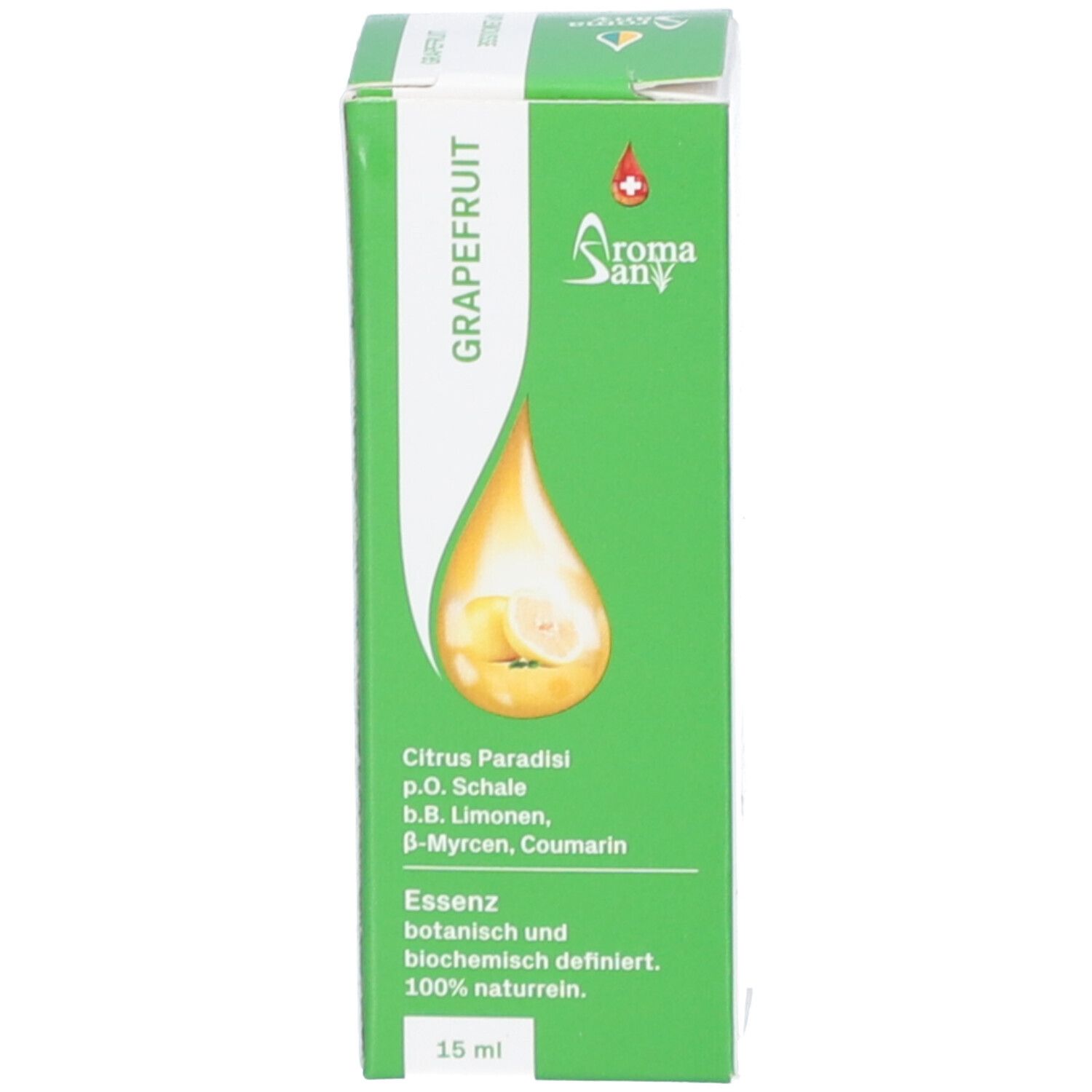 Grüne Schachtel mit Text: Grapefruit, Aromasan Logo, 15 ml. Flasche: Citrus paradisi. Tropfen-Illustration.