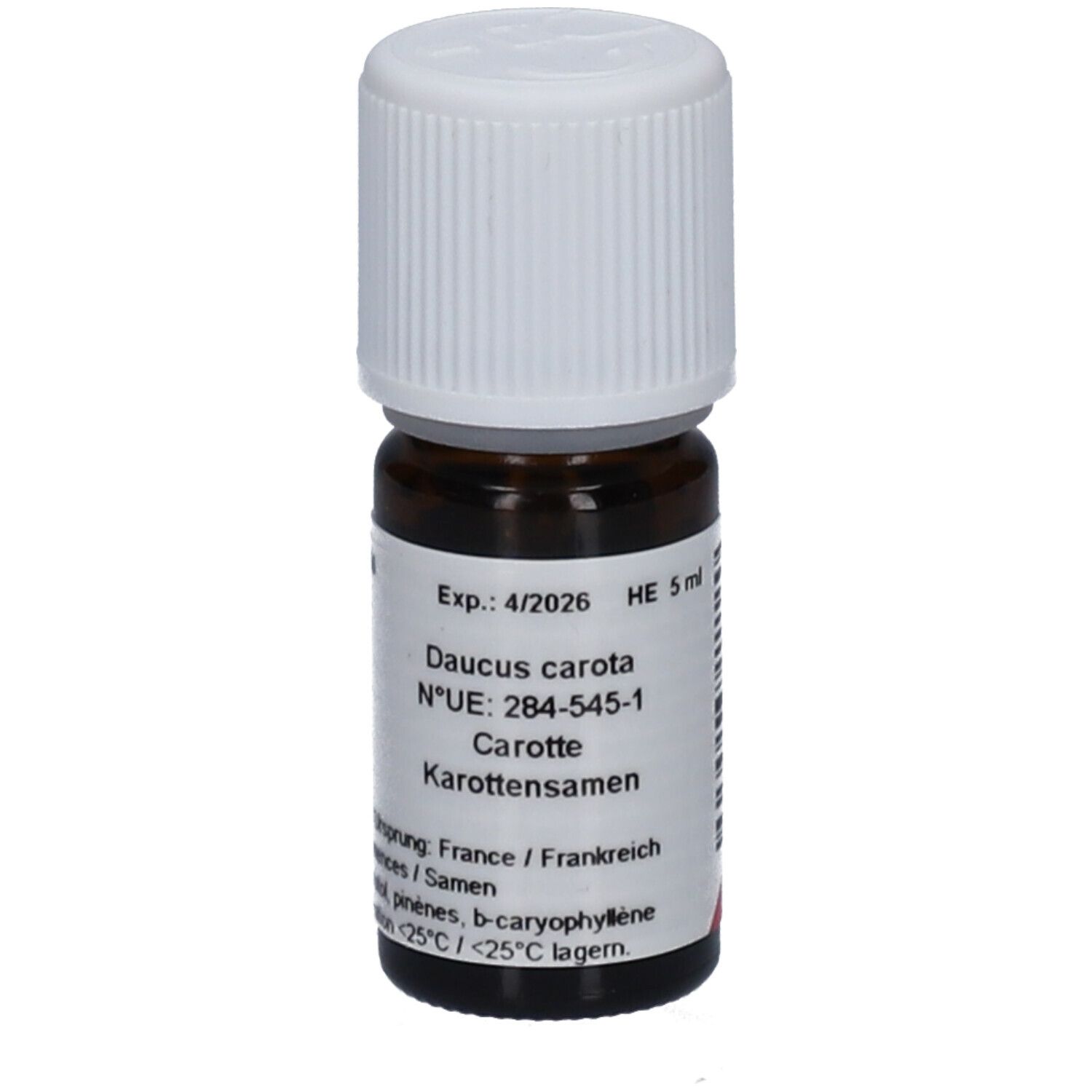 Flacon en verre brun avec bouchon blanc. Étiquette avec ingrédients et date de péremption. HE 5 ml.