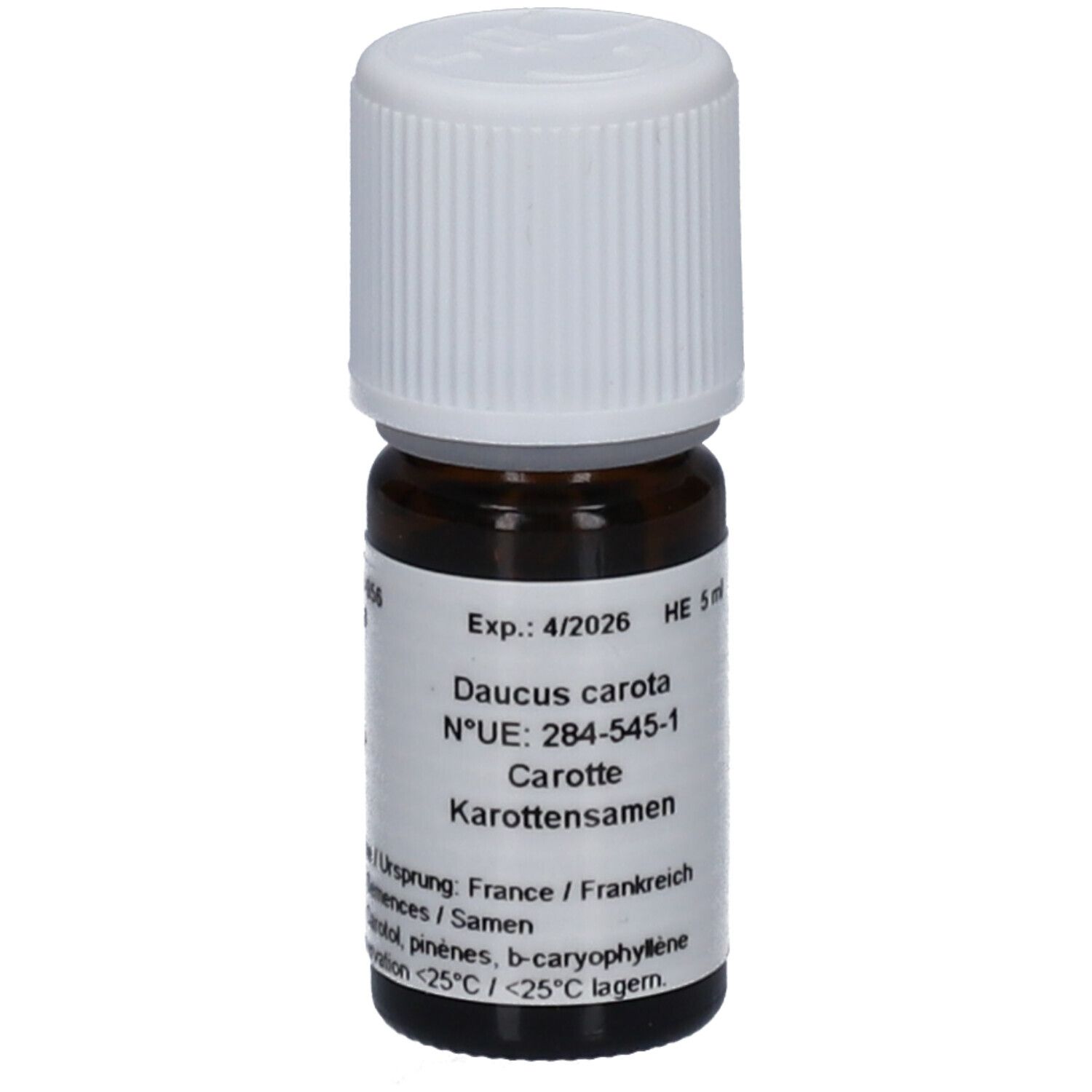 Flacon en verre brun avec bouchon blanc. Étiquette avec ingrédients et date de péremption. HE 5 ml.