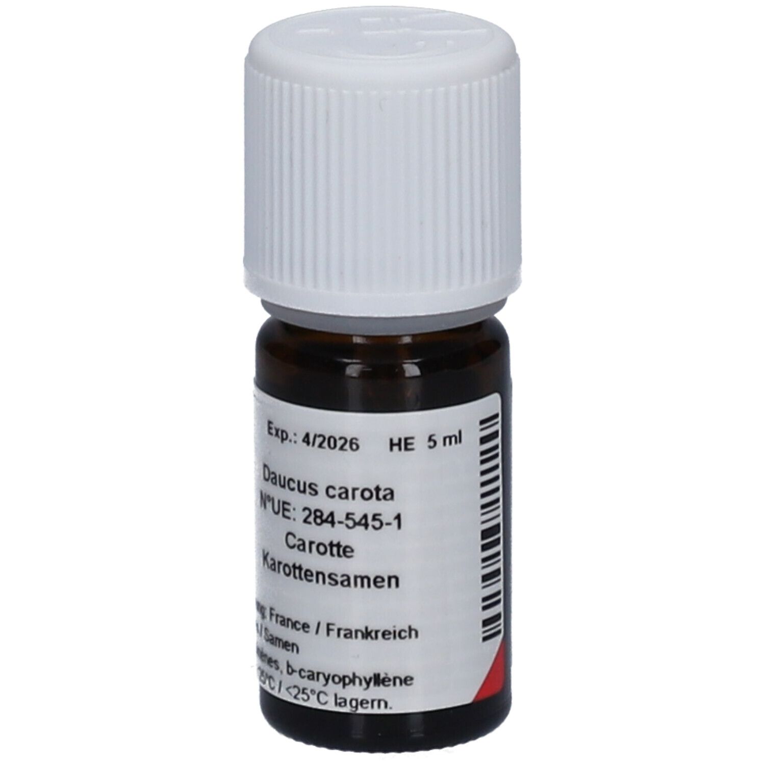 Flacon en verre brun avec bouchon blanc. Étiquette avec ingrédients et date de péremption. HE 5 ml.