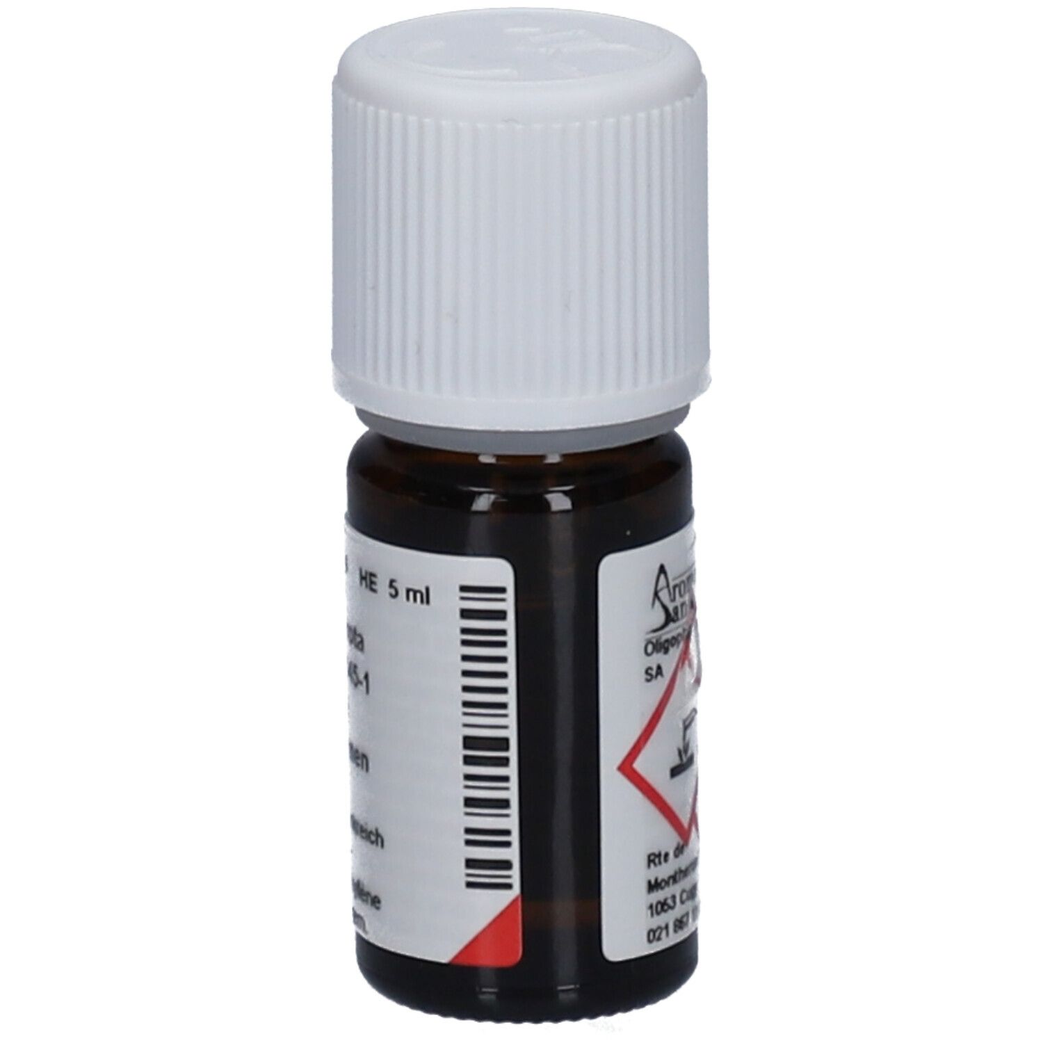Flacon en verre brun avec bouchon blanc. Étiquette avec ingrédients et code-barres. HE 5 ml.