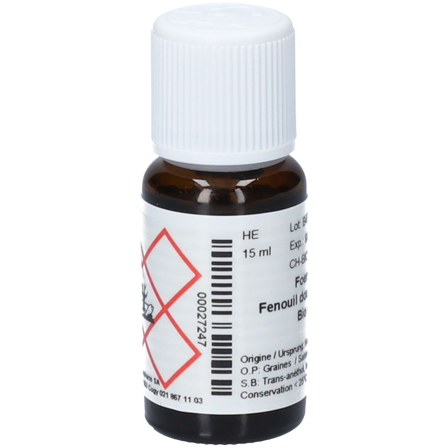Flacon en verre brun avec bouchon blanc. Étiquette avec texte: 15 ml, symbole de danger, code-barres.