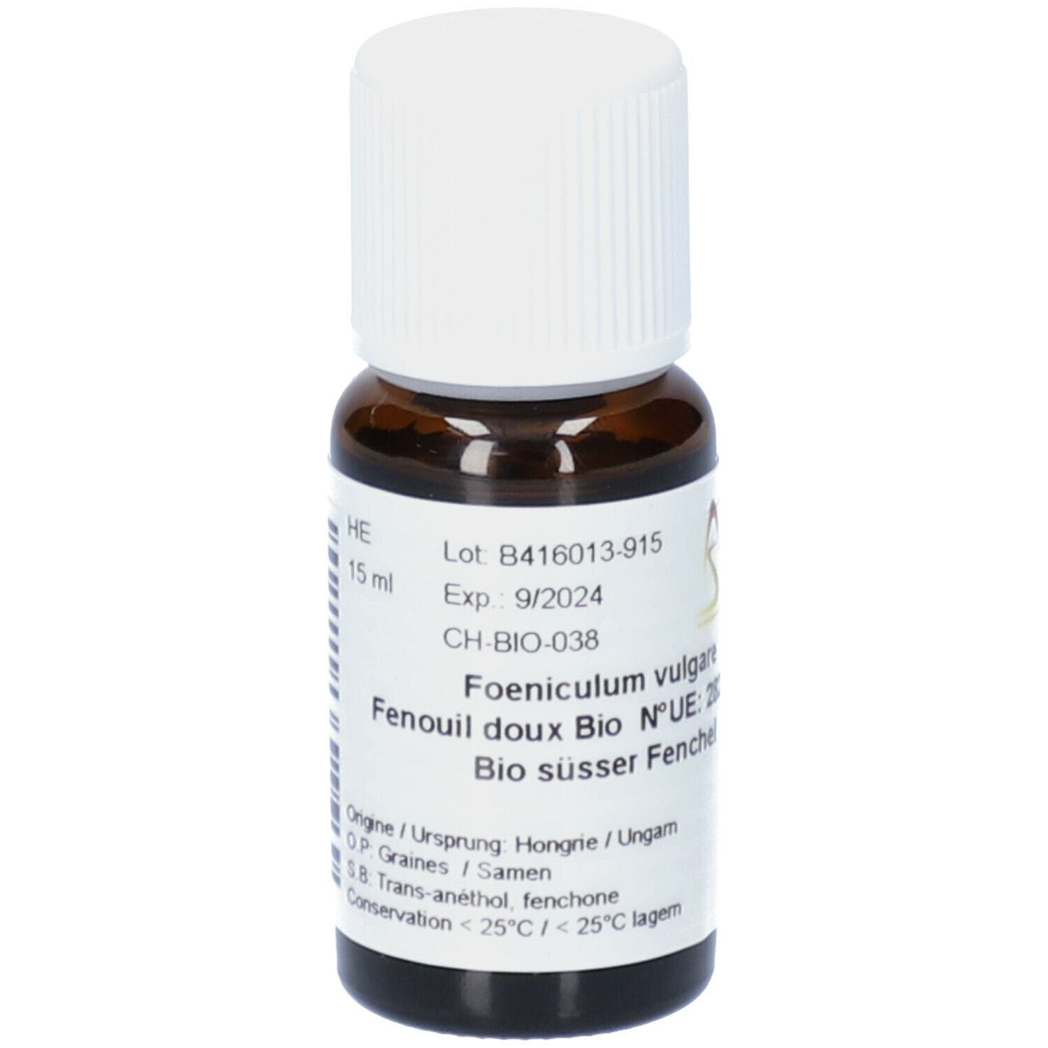 Flacon en verre brun avec bouchon blanc. Étiquette avec texte: Fenouil, 15 ml, numéro de lot, date d'expiration, CH-BIO-038.