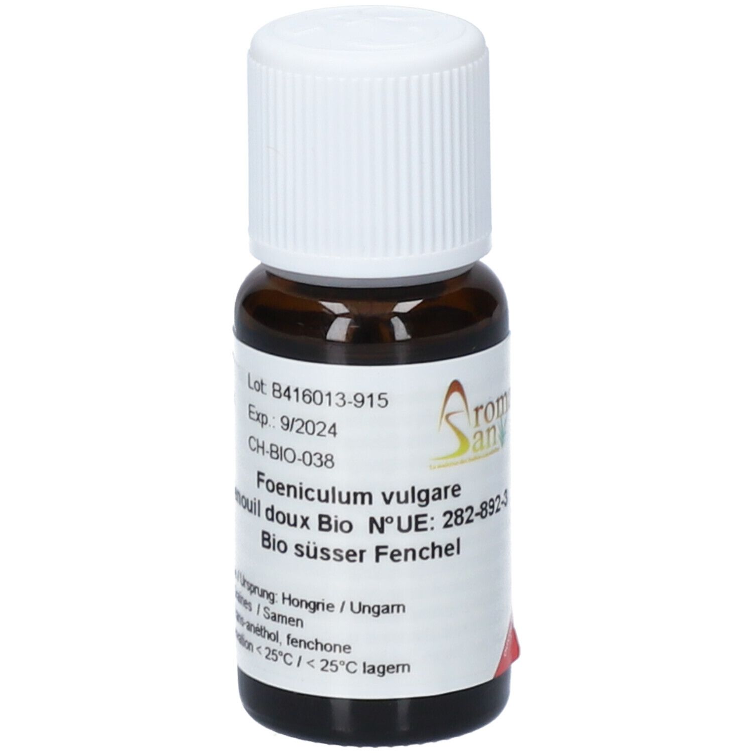 Flacon en verre brun avec bouchon blanc. Étiquette avec texte: Fenouil, 15 ml, numéro de lot, date d'expiration, CH-BIO-038, logo Aromasan.