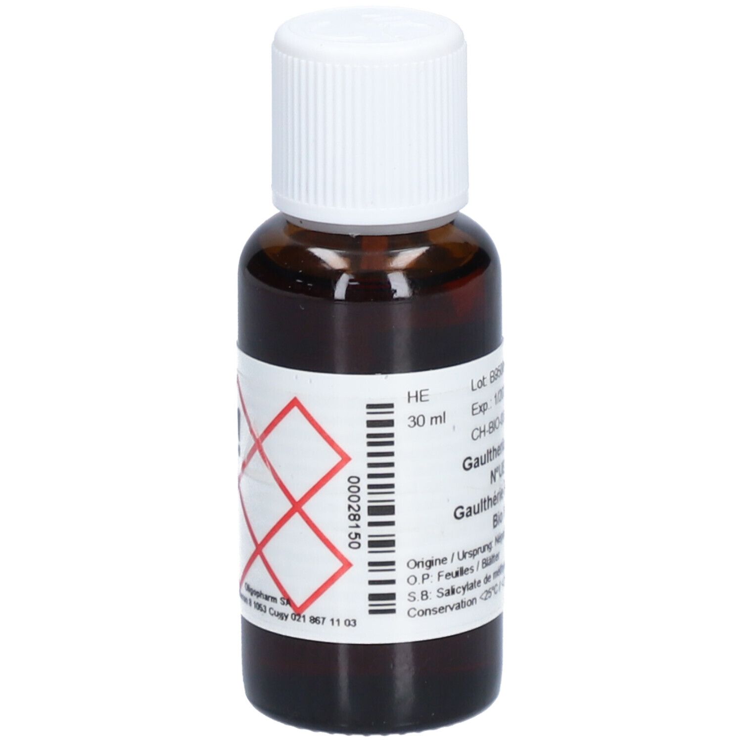 Braune Glasflasche mit weißem Deckel. Etikett mit Gefahrensymbolen und Produktinformationen. 30 ml.