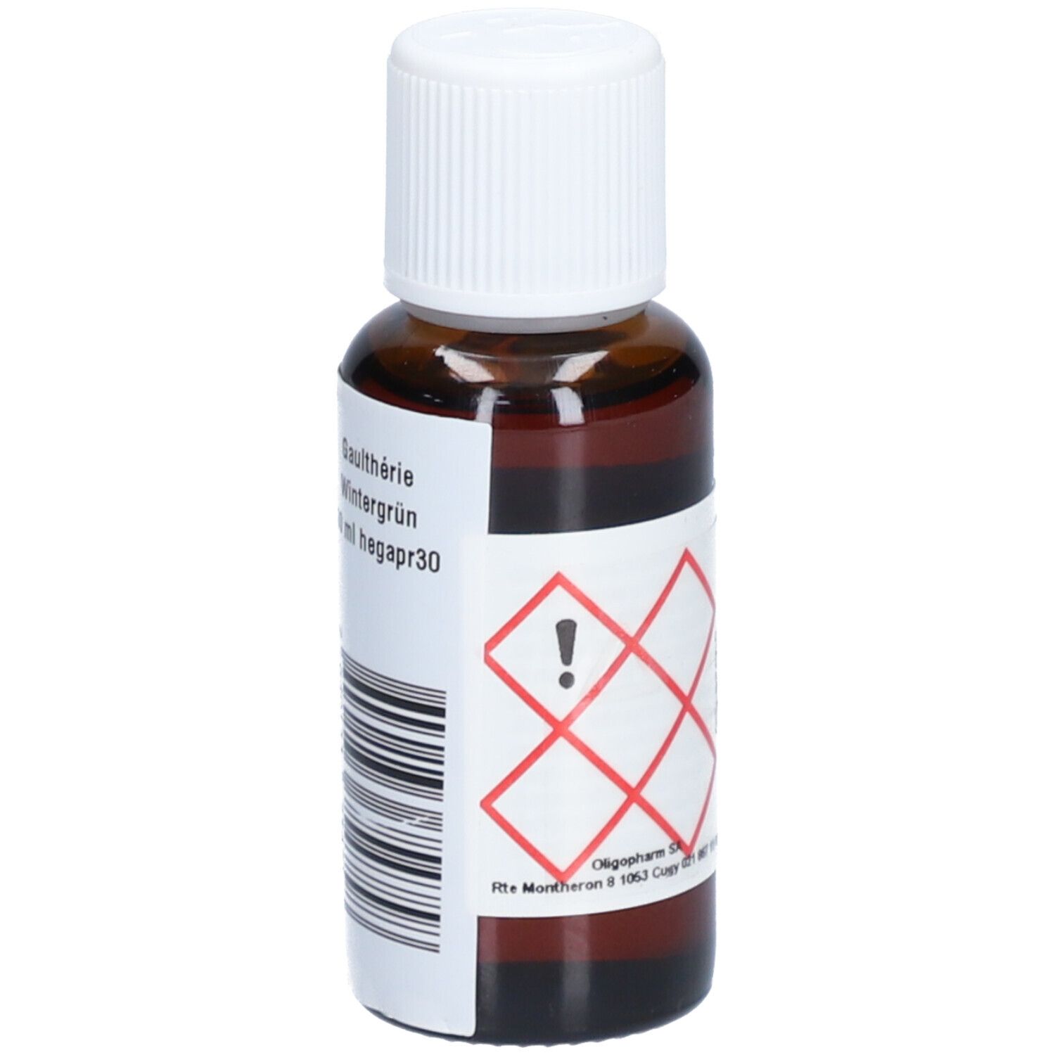 Braune Glasflasche mit weißem Deckel. Etikett mit Gefahrensymbol und Produktinformationen.
