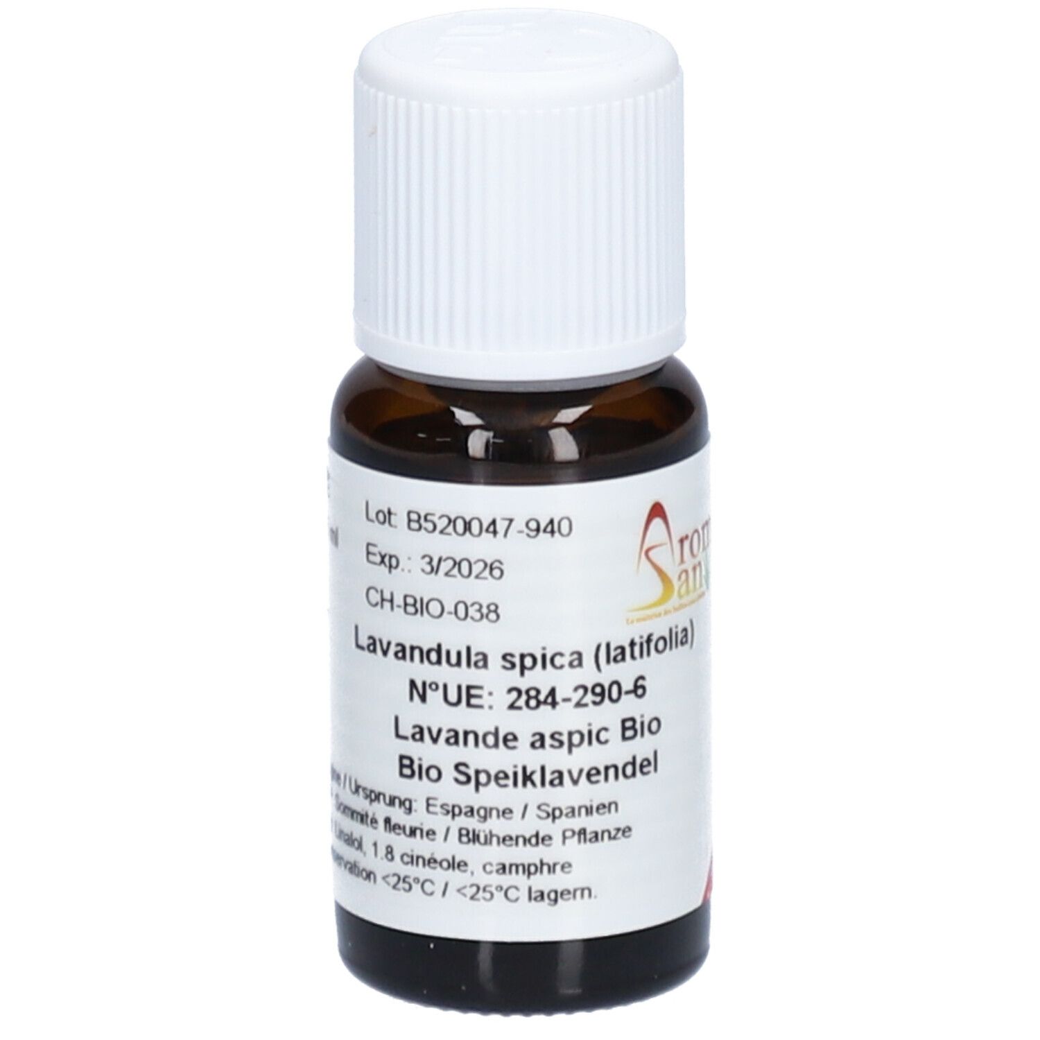 Flacon en verre brun avec bouchon blanc. Étiquette avec texte, dont Aromasan et Lavandula spica (latifolia).