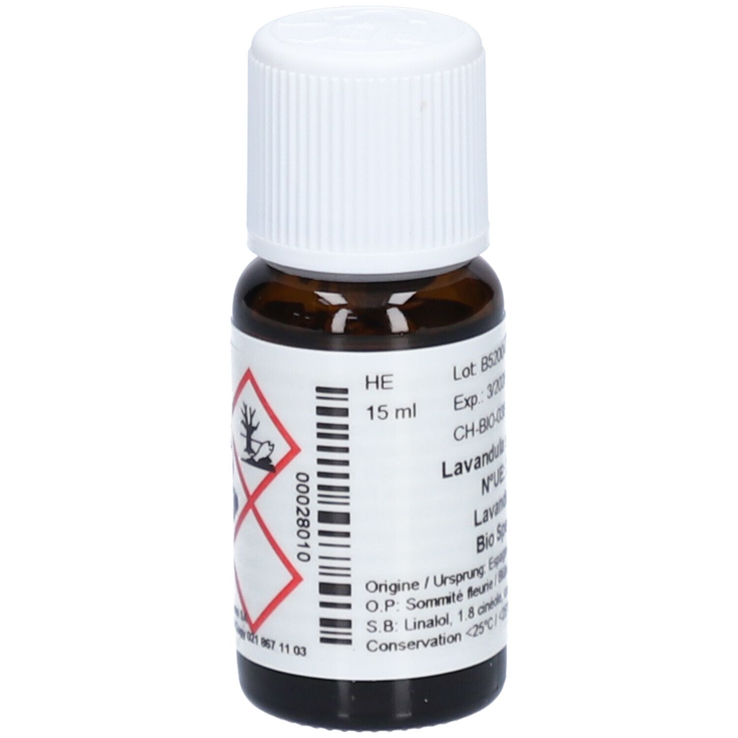 Flacon en verre brun avec bouchon blanc. Étiquette avec texte et symboles de danger. 15 ml.