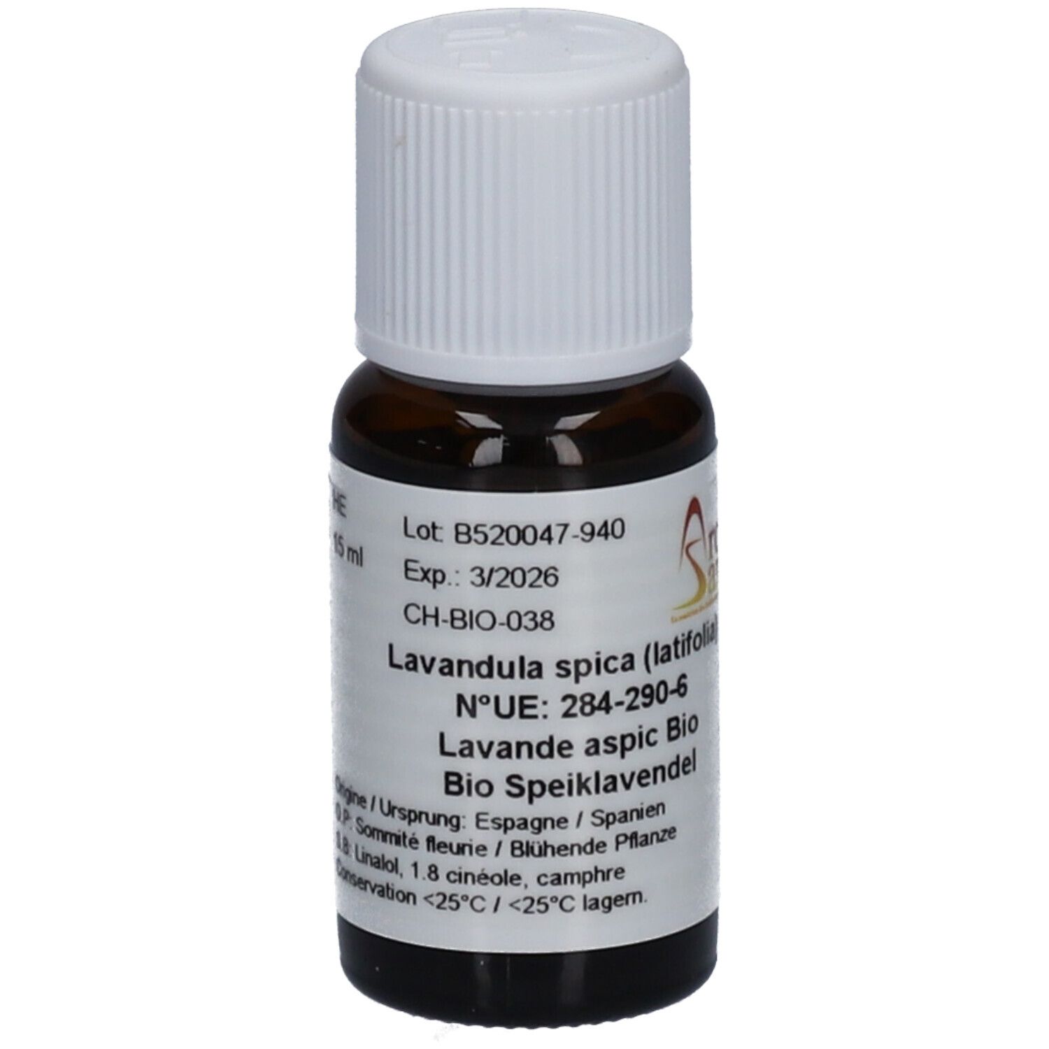 Flacon en verre brun avec bouchon blanc. Étiquette avec texte, dont Aromasan et Lavandula spica (latifolia).