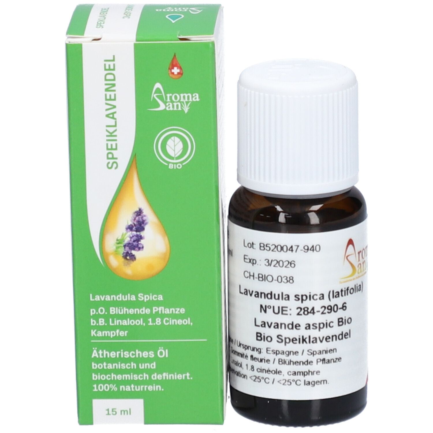 Flacon en verre brun avec bouchon blanc et boîte verte. Sur la boîte : Aromasan, Speiklavendel, 15 ml.