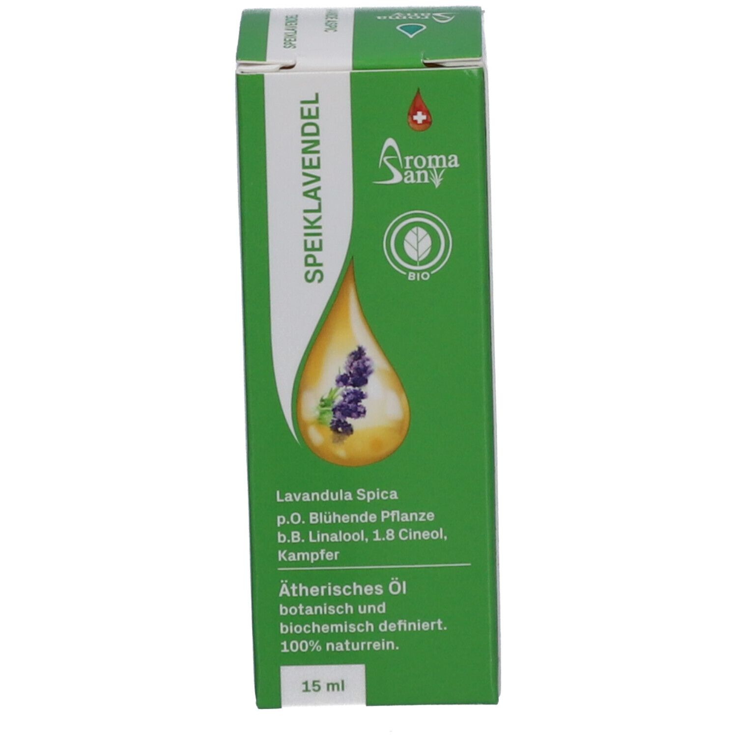 Boîte verte avec logo Aromasan et texte Speiklavendel. 15 ml.